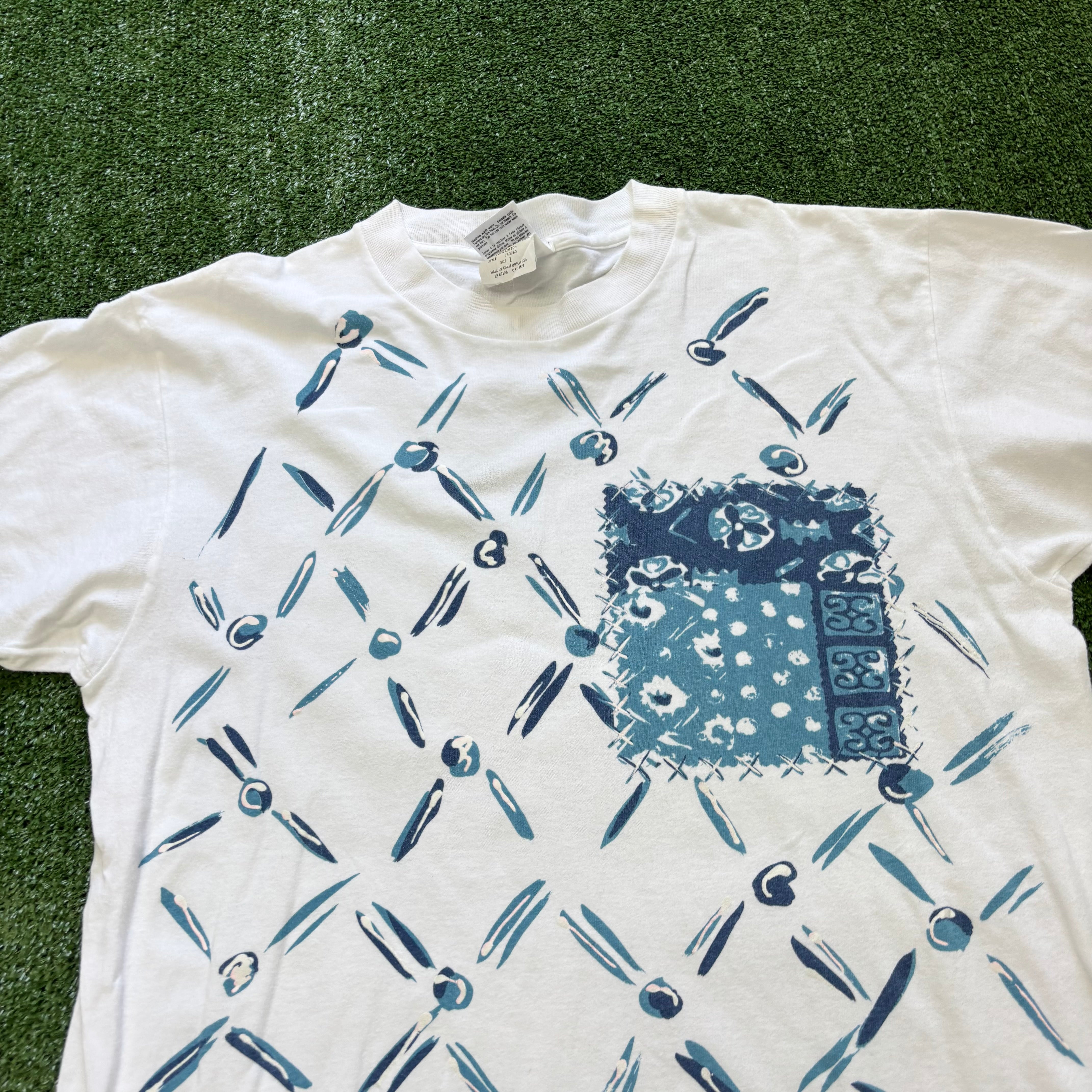 Vintage T Shirt Mens Large White Single Stitch Graphic Print 90s Art (E)