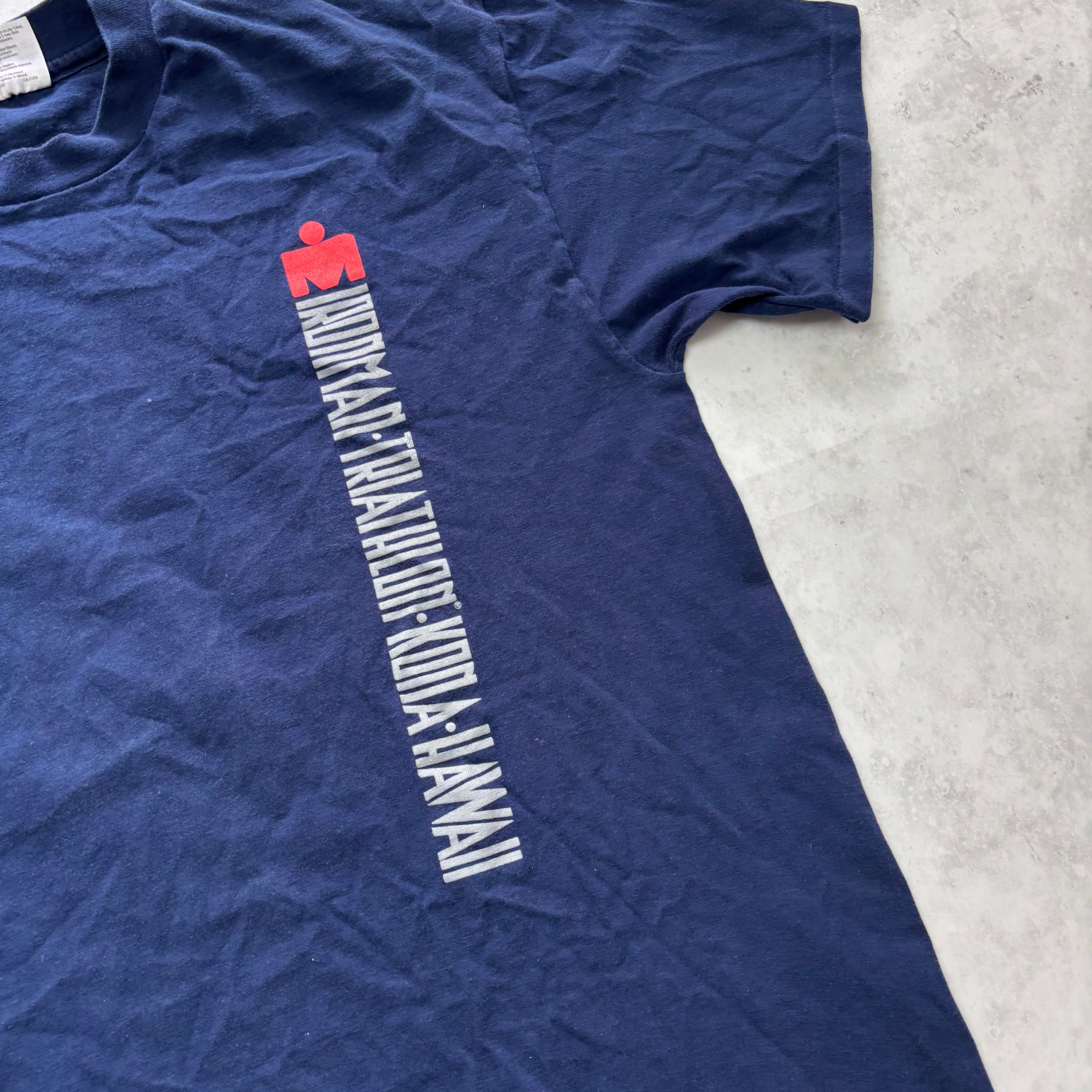 Vintage T Shirt Mens Large Navy Blue Single Stitch Graphic Print 90s Triathlon (E)