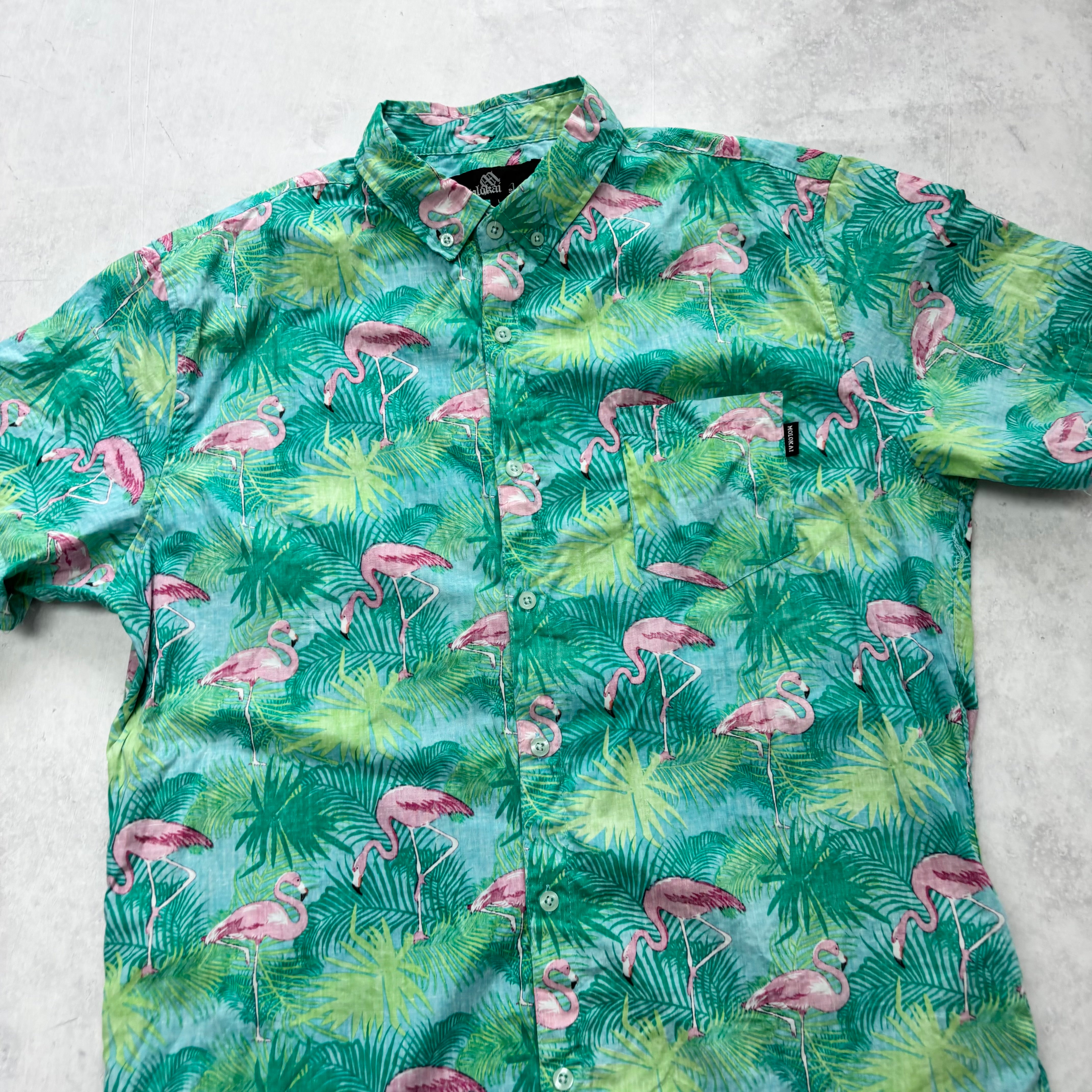 Hawaiian Shirt Mens Large Green Floral Aloha Short Sleeve Cotton (E)