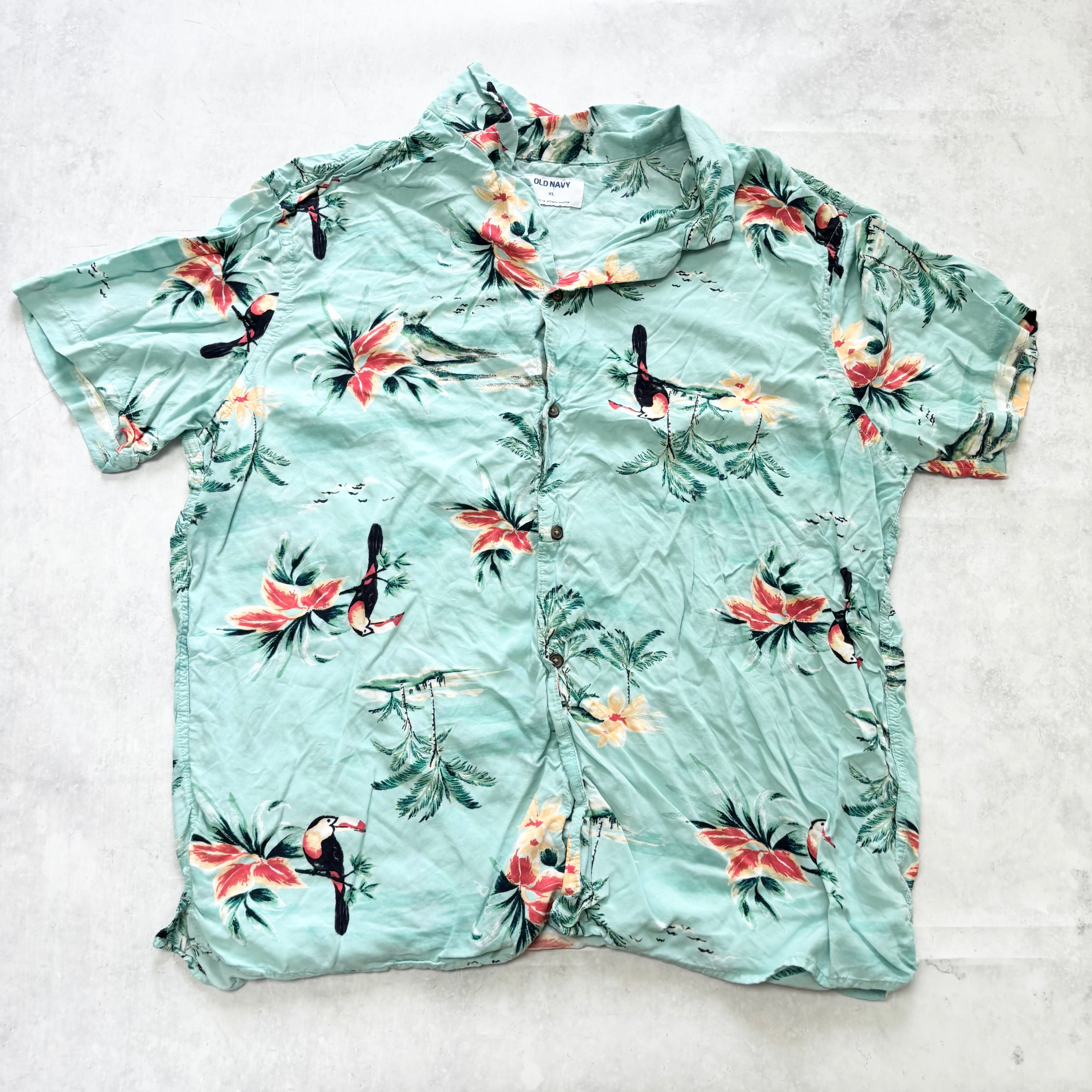 Hawaiian Shirt Mens XL Blue Floral Aloha Short Sleeve Rayon (E)
