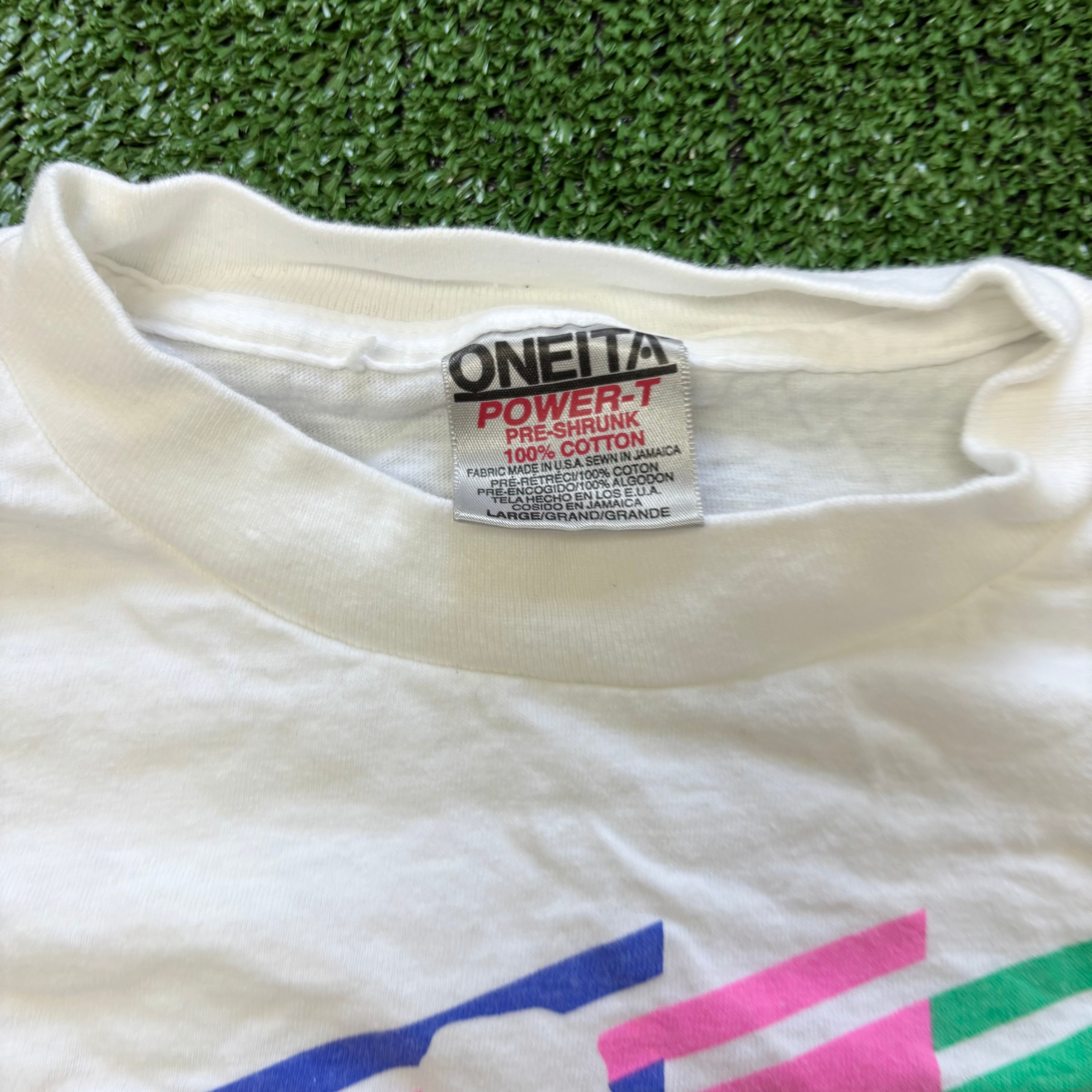 Vintage T Shirt Mens Medium White Single Stitch Graphic Print 90s Run (E)