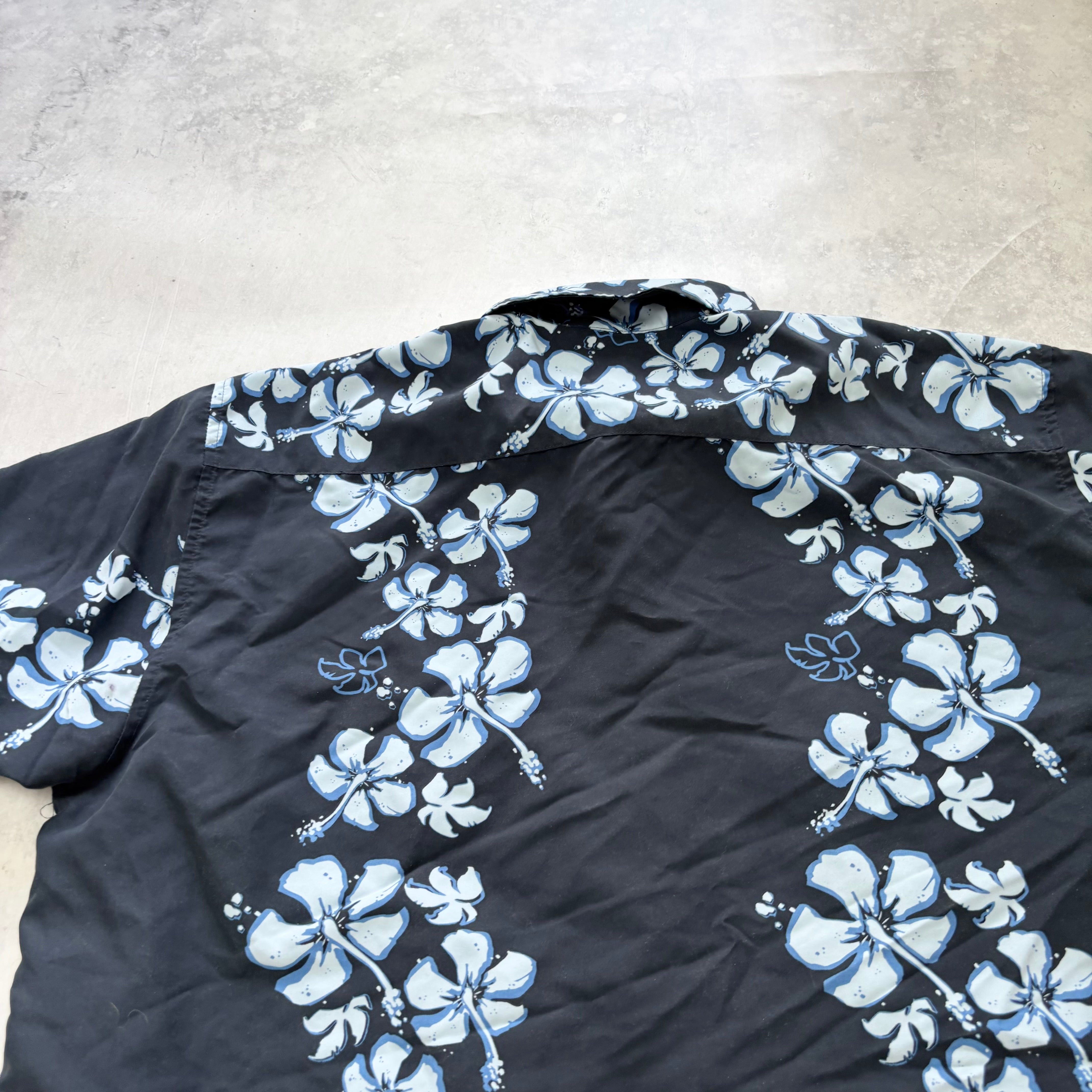 Hawaiian Shirt Mens XL Navy Blue Floral Aloha Short Sleeve Polyester (E)
