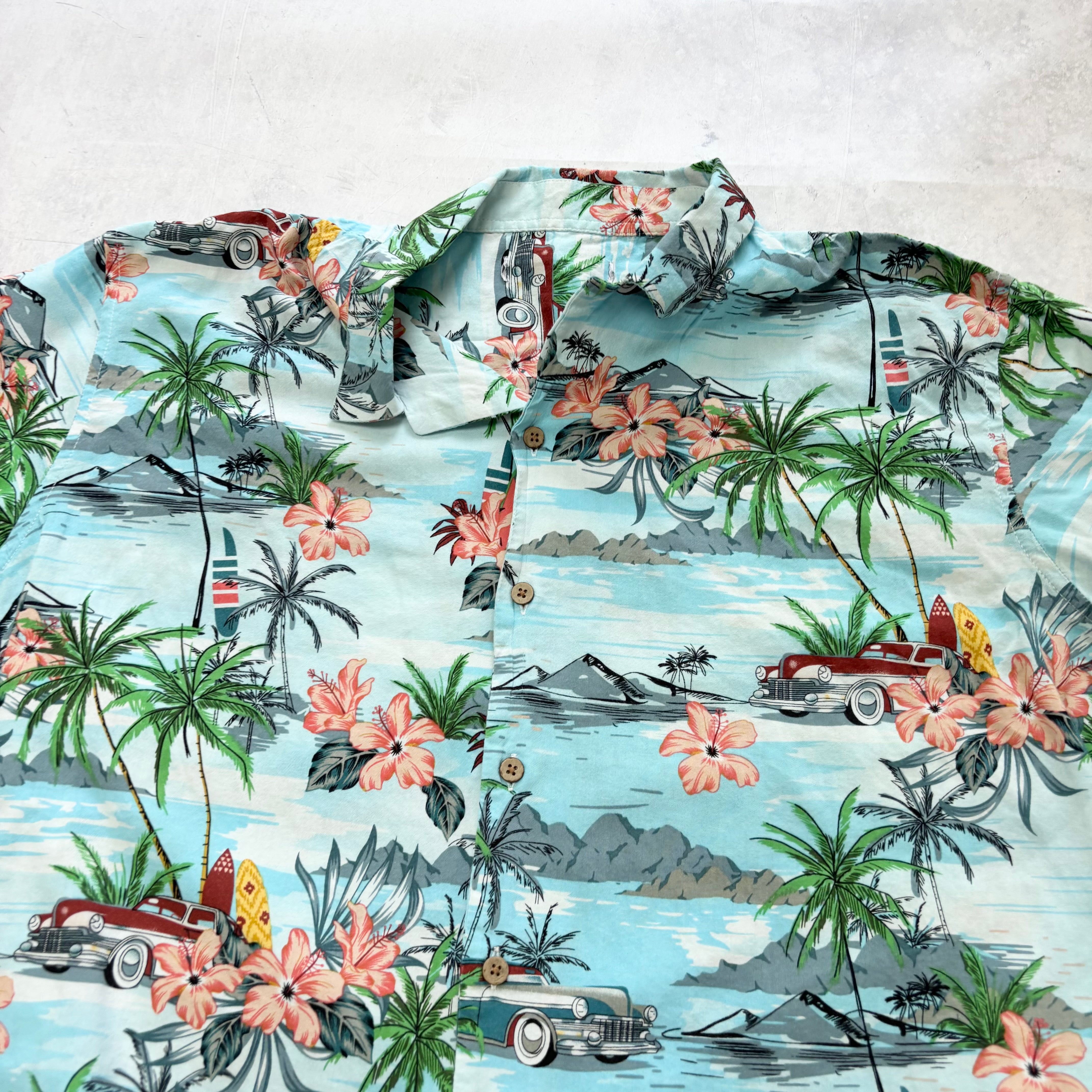 Hawaiian Shirt Mens Large Blue Floral Aloha Short Sleeve Viscose (E)