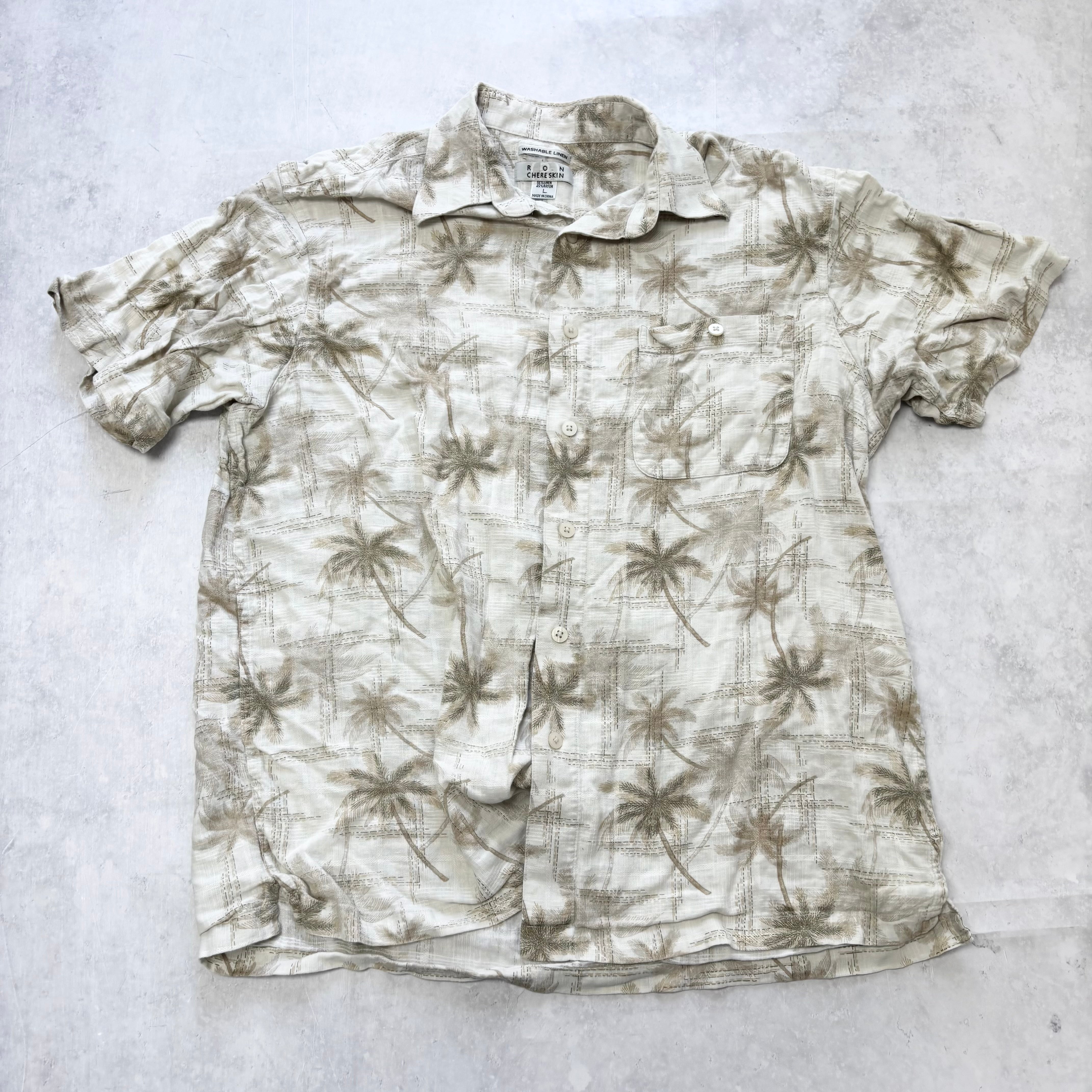 Vintage Hawaiian Shirt Mens Large Beige Linen Floral Aloha Short Sleeve (E)