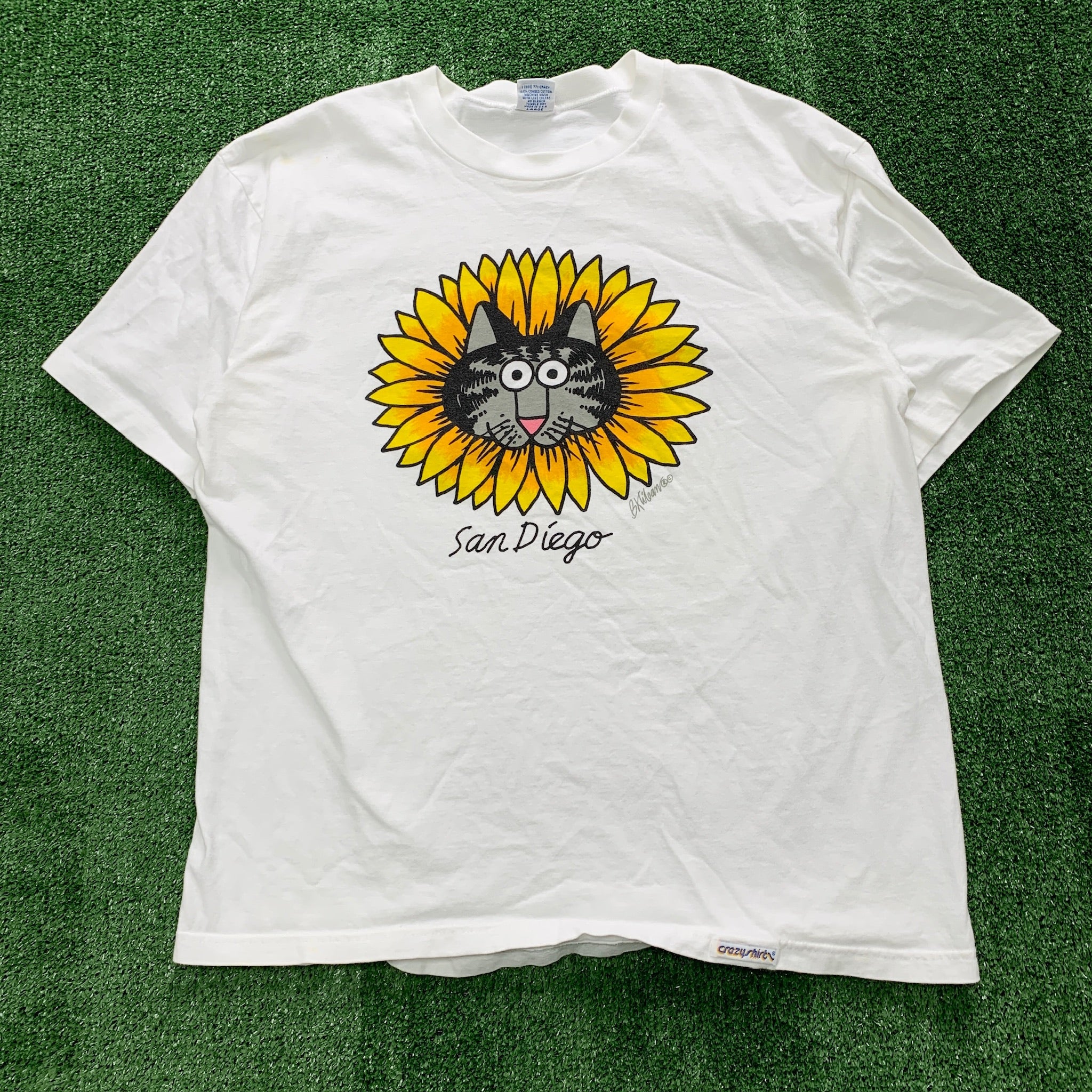 Vintage T Shirt Mens Large White Graphic Print 90s USA Sunflower Cat