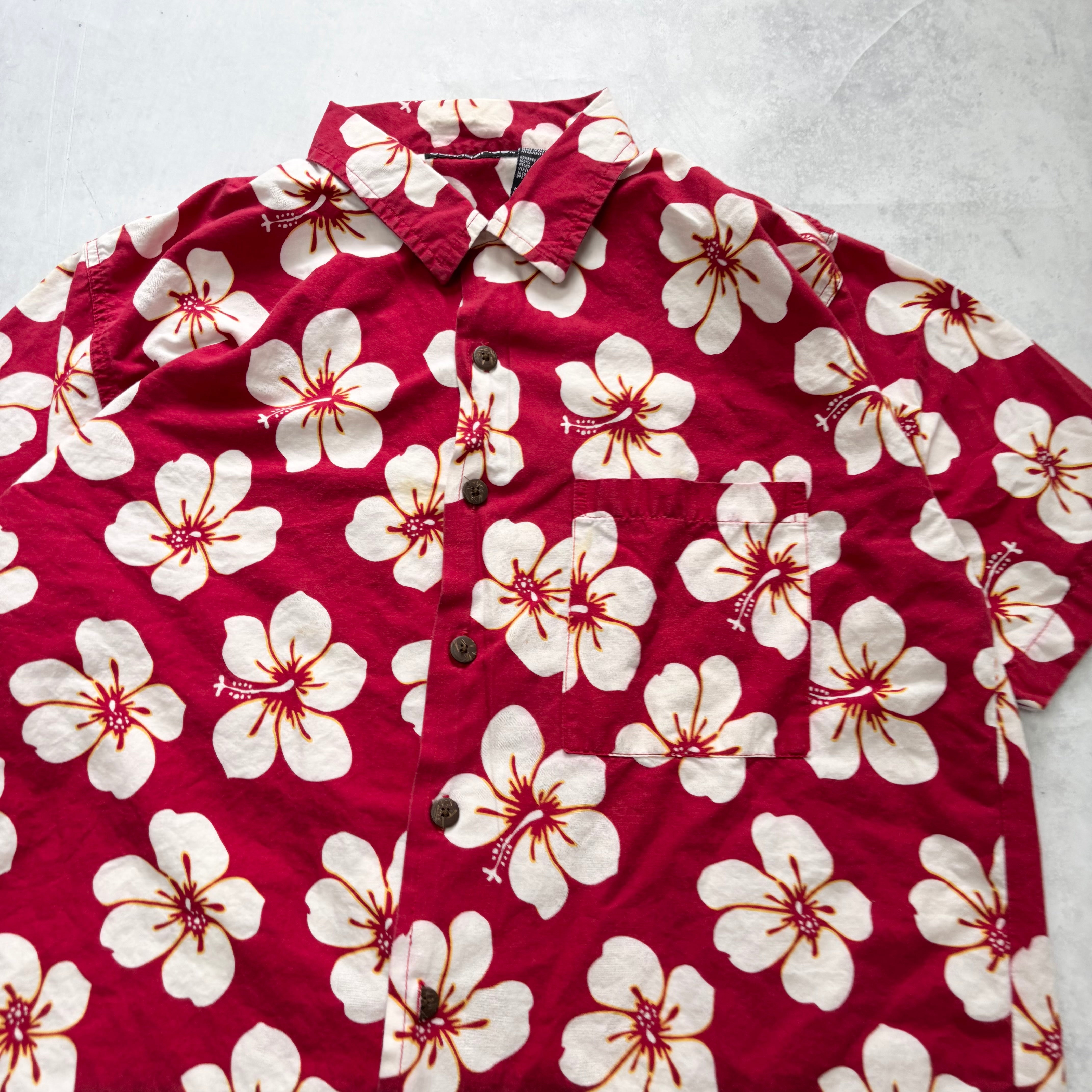 Vintage Hawaiian Shirt Mens Large Red Floral Aloha Short Sleeve Cotton (E)