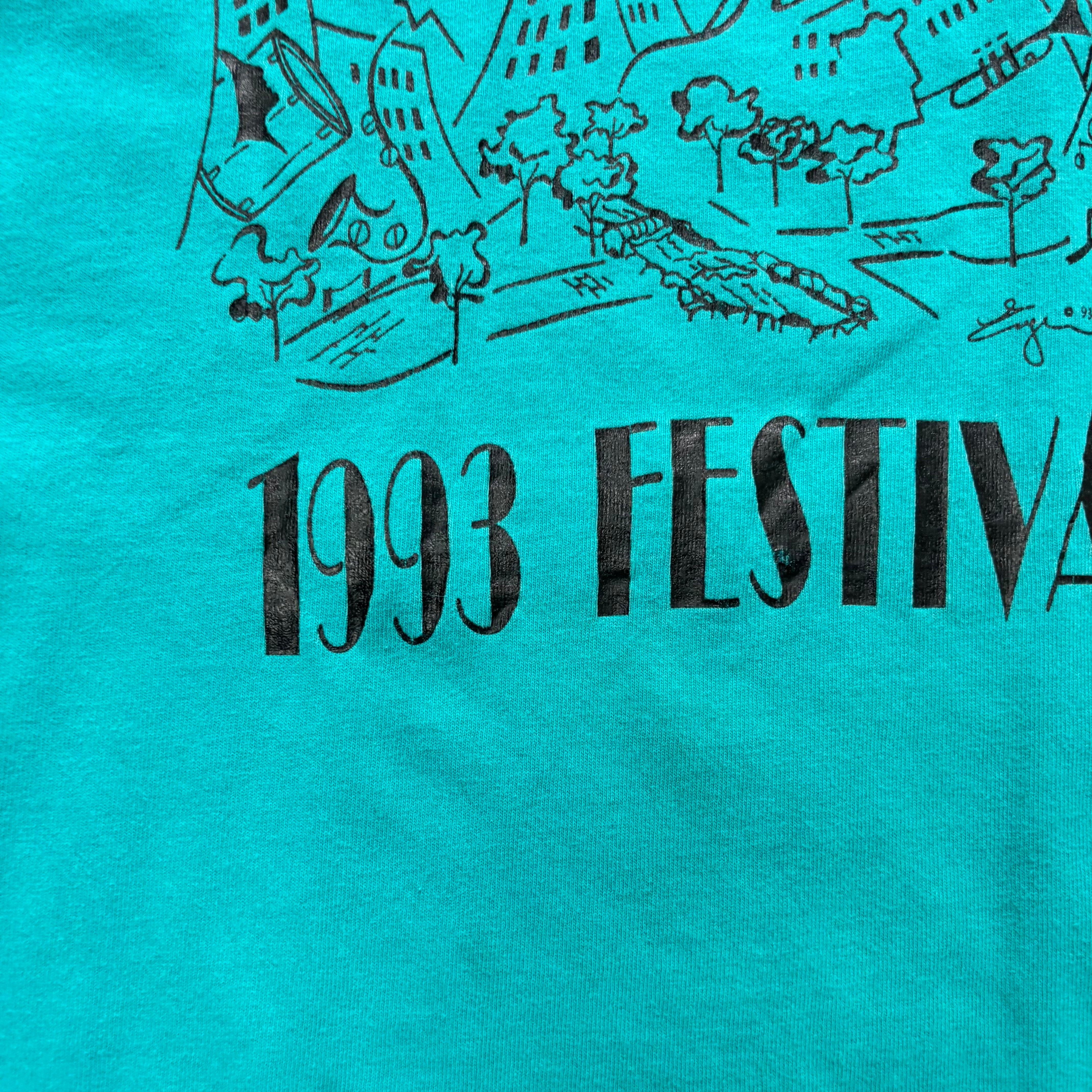 Vintage T Shirt Mens XL Turquoise Blue Single Stitch Graphic Print 90s (E)