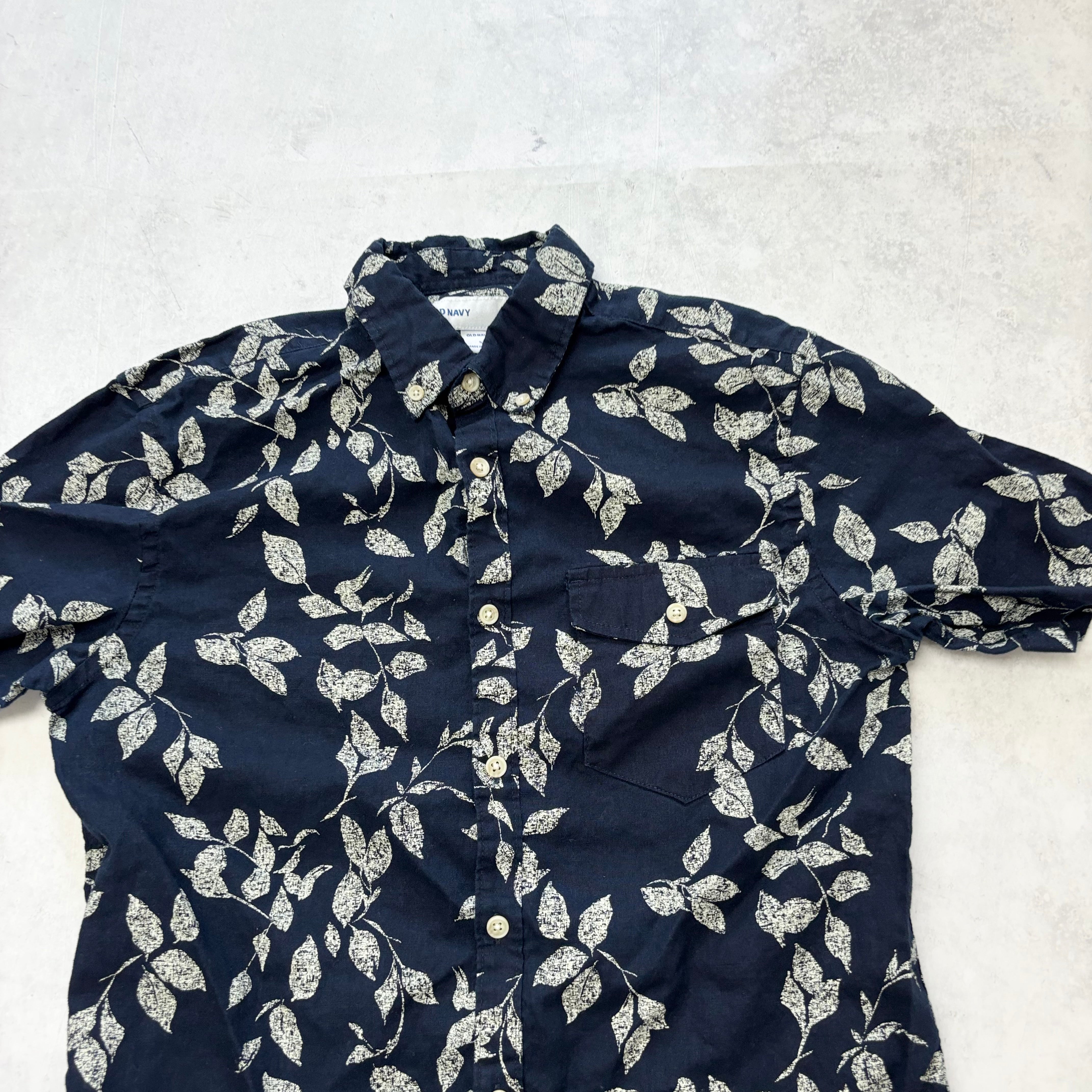 Old Navy Hawaiian Shirt Mens Small Navy Short Sleeve Slim Fit Linen (E)