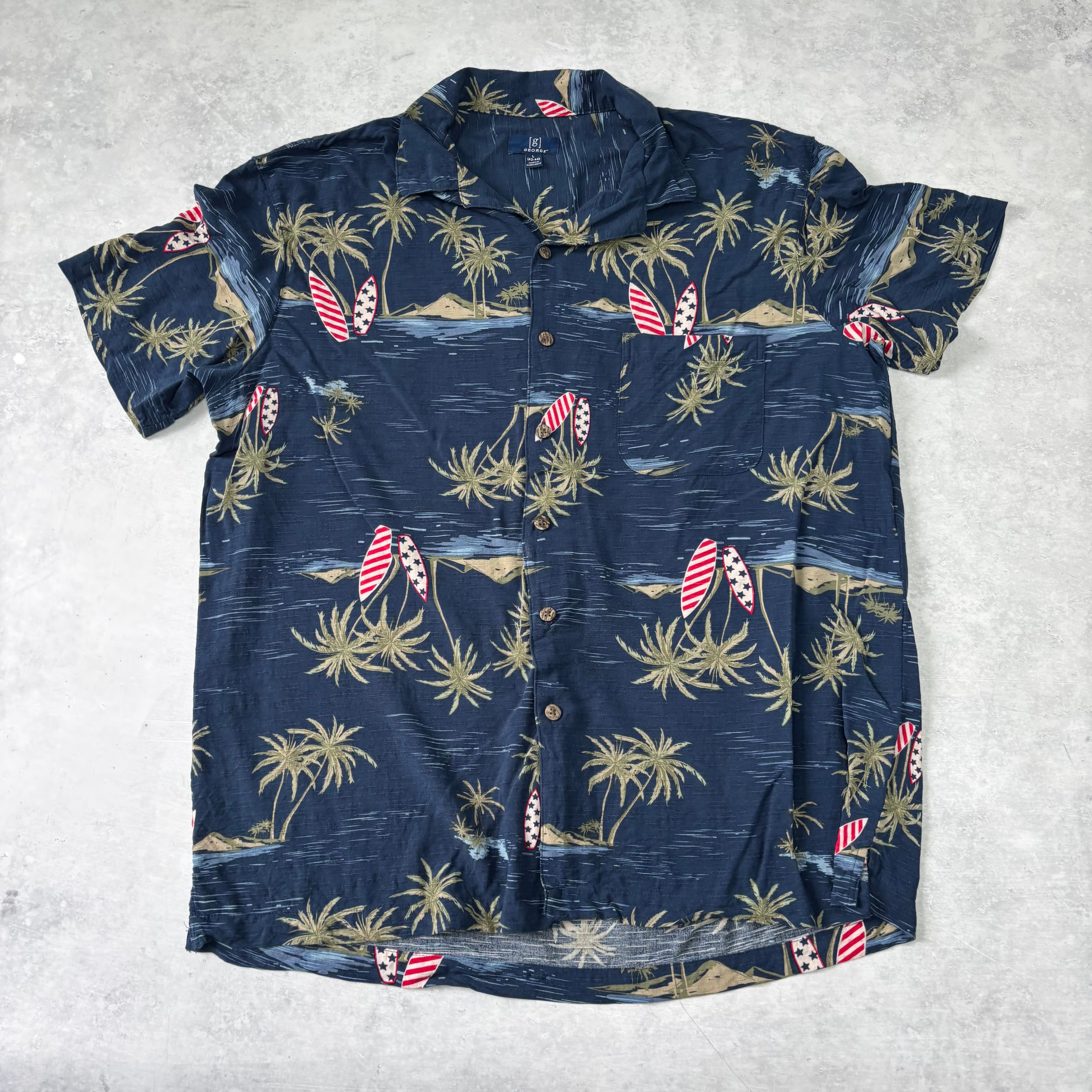 Hawaiian Shirt Mens Large Navy Blue Floral Aloha Short Sleeve Rayon George (E)