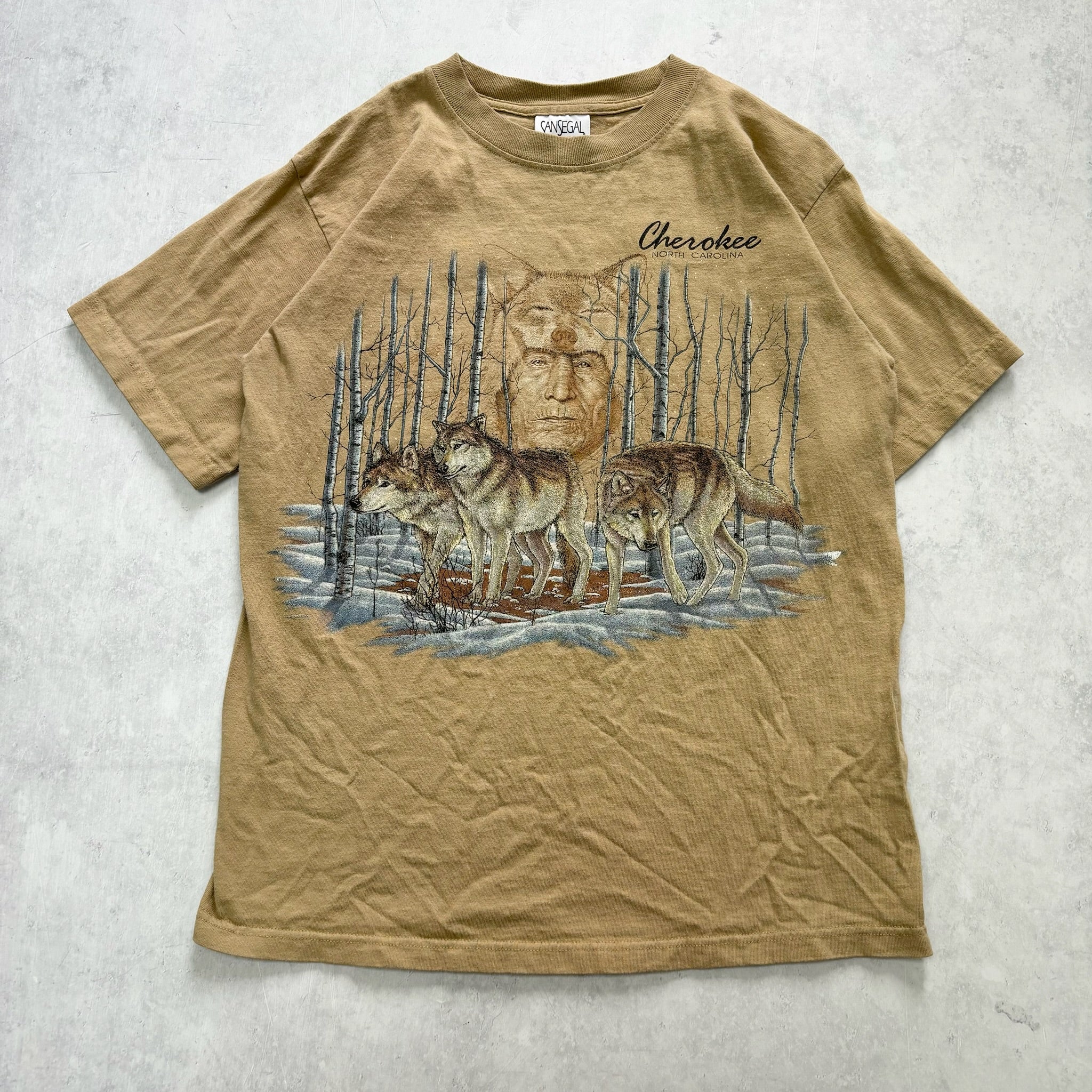 Vintage T Shirt Mens Small Tan Beige Graphic Print 90s USA Western