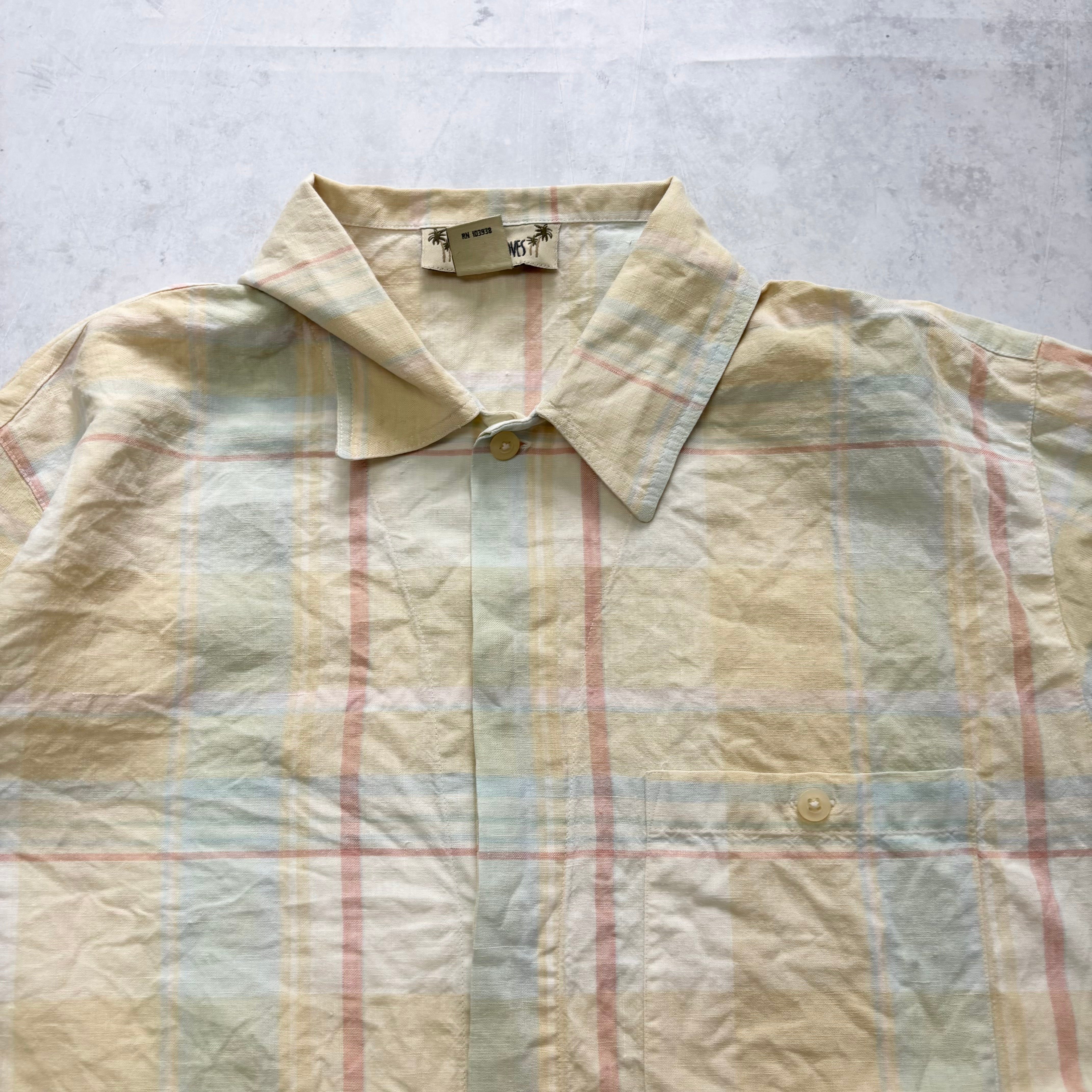 Vintage Check Shirt Mens Large Yellow Linen Short Sleeve (E)