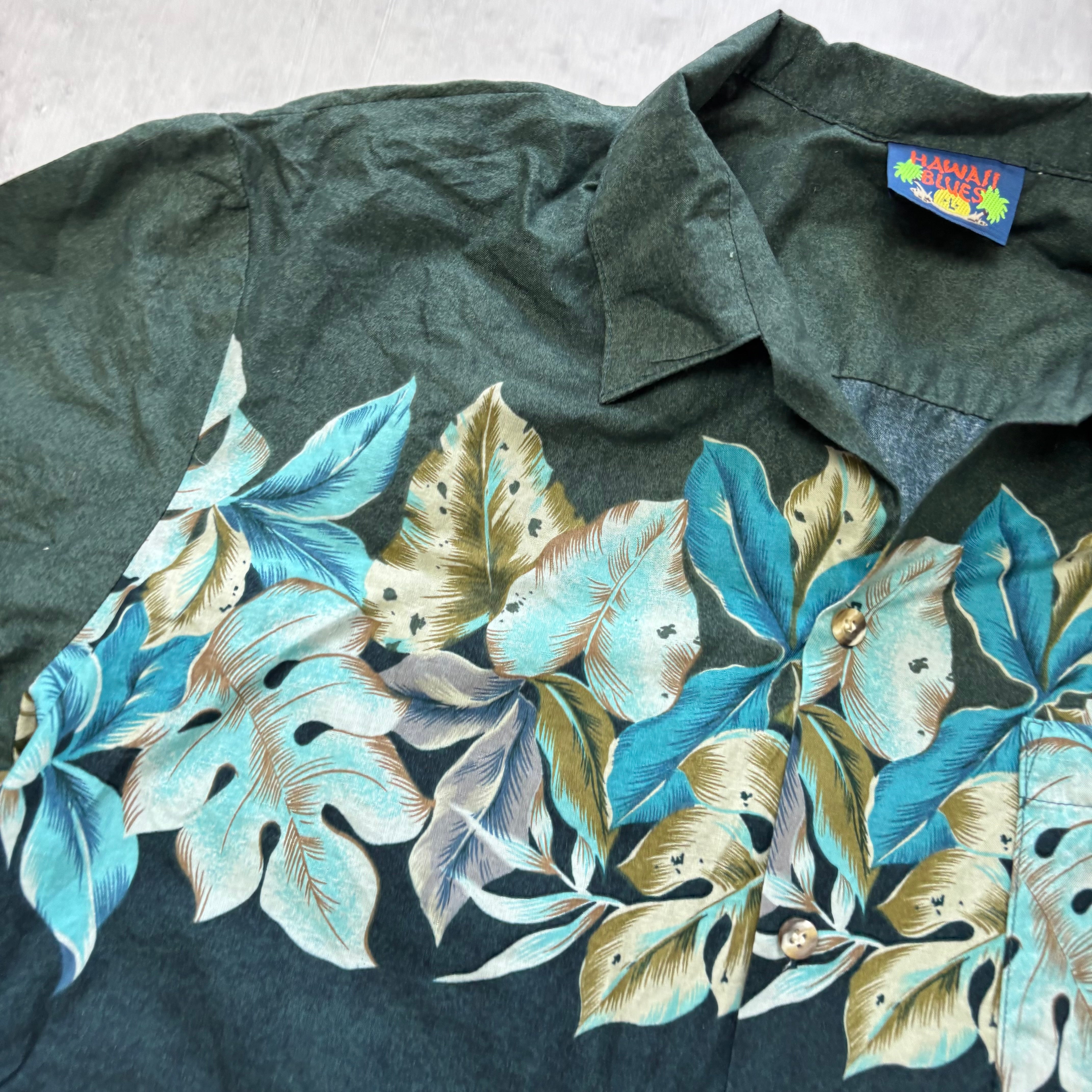 Vintage Hawaiian Shirt Mens Large Green Cotton Floral Aloha Short Sleeve (E)