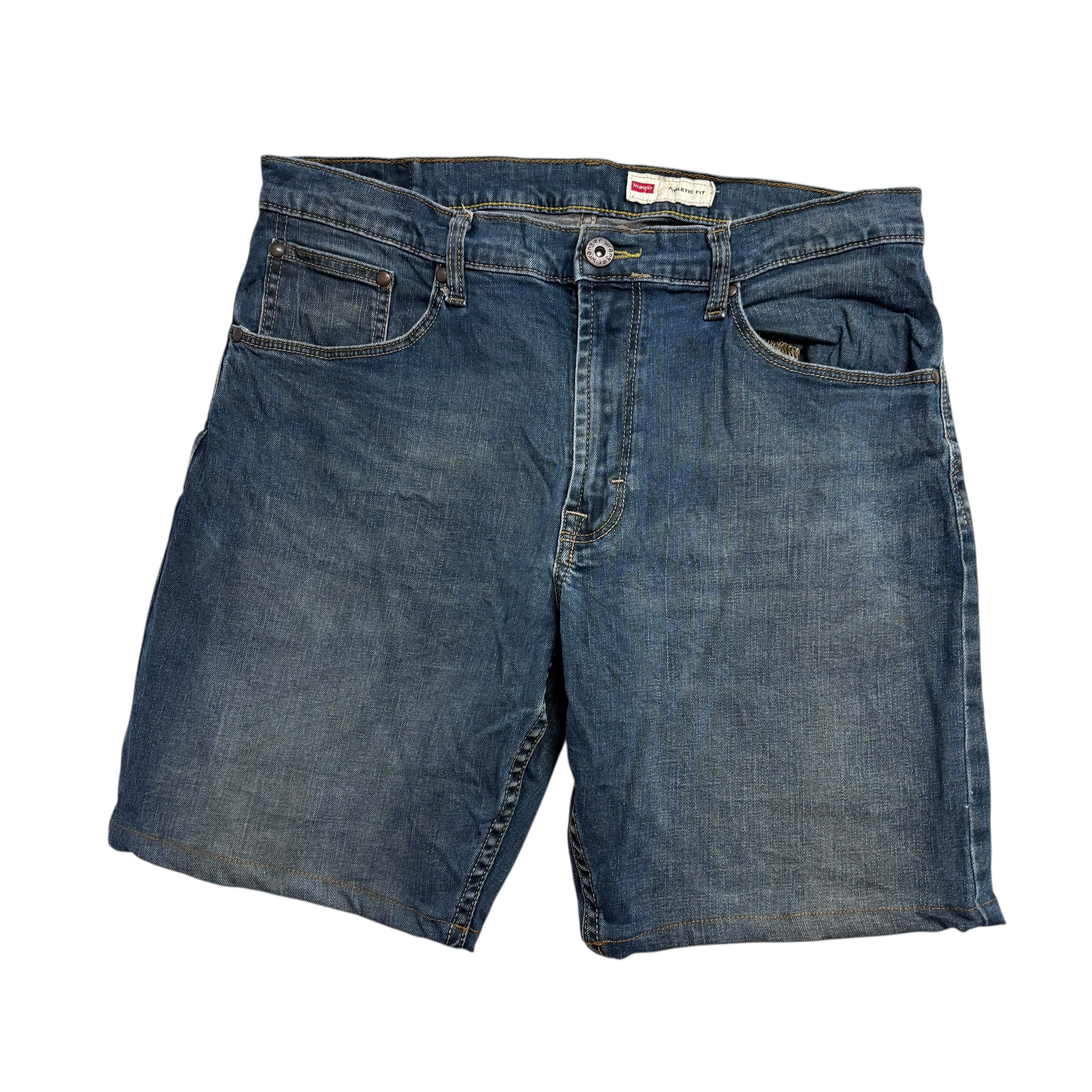 Wrangler Denim Shorts W32 Mens Dark Blue 9in Regular Fit Stretch