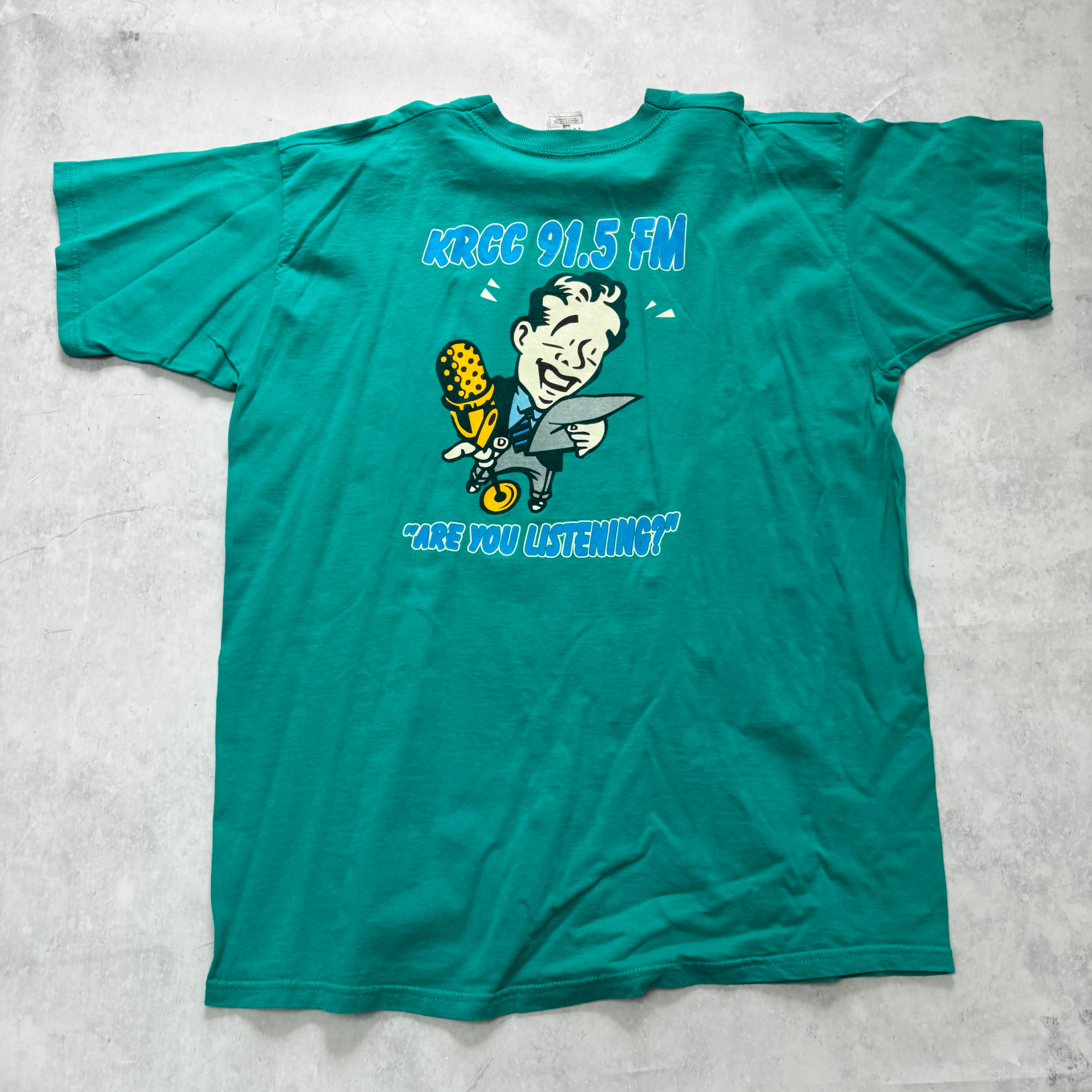 Vintage T Shirt Mens XL Teal Green Graphic Print 90s USA Radio (E)