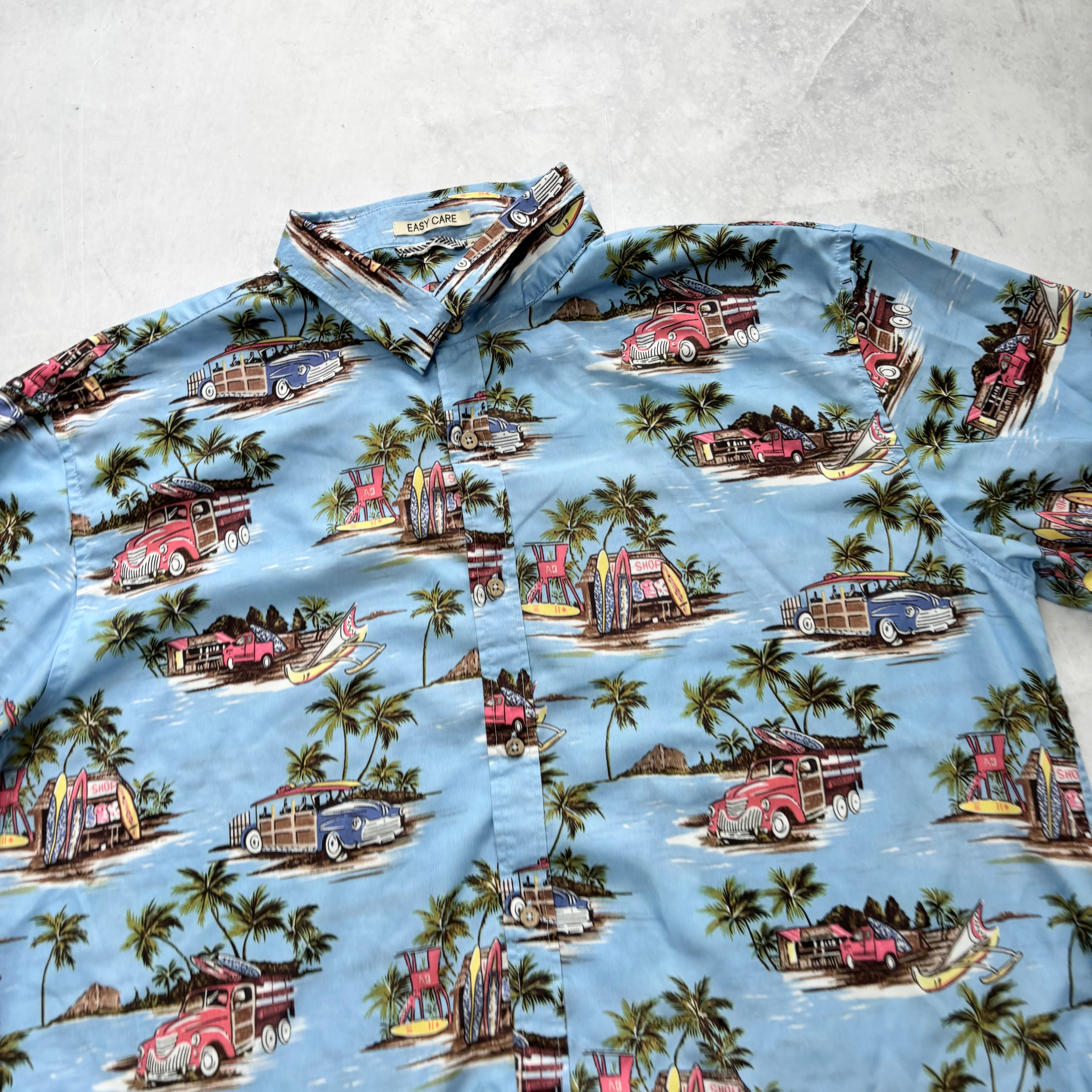 Hawaiian Shirt Mens XXL Blue Floral Aloha Short Sleeve Polyester (E)