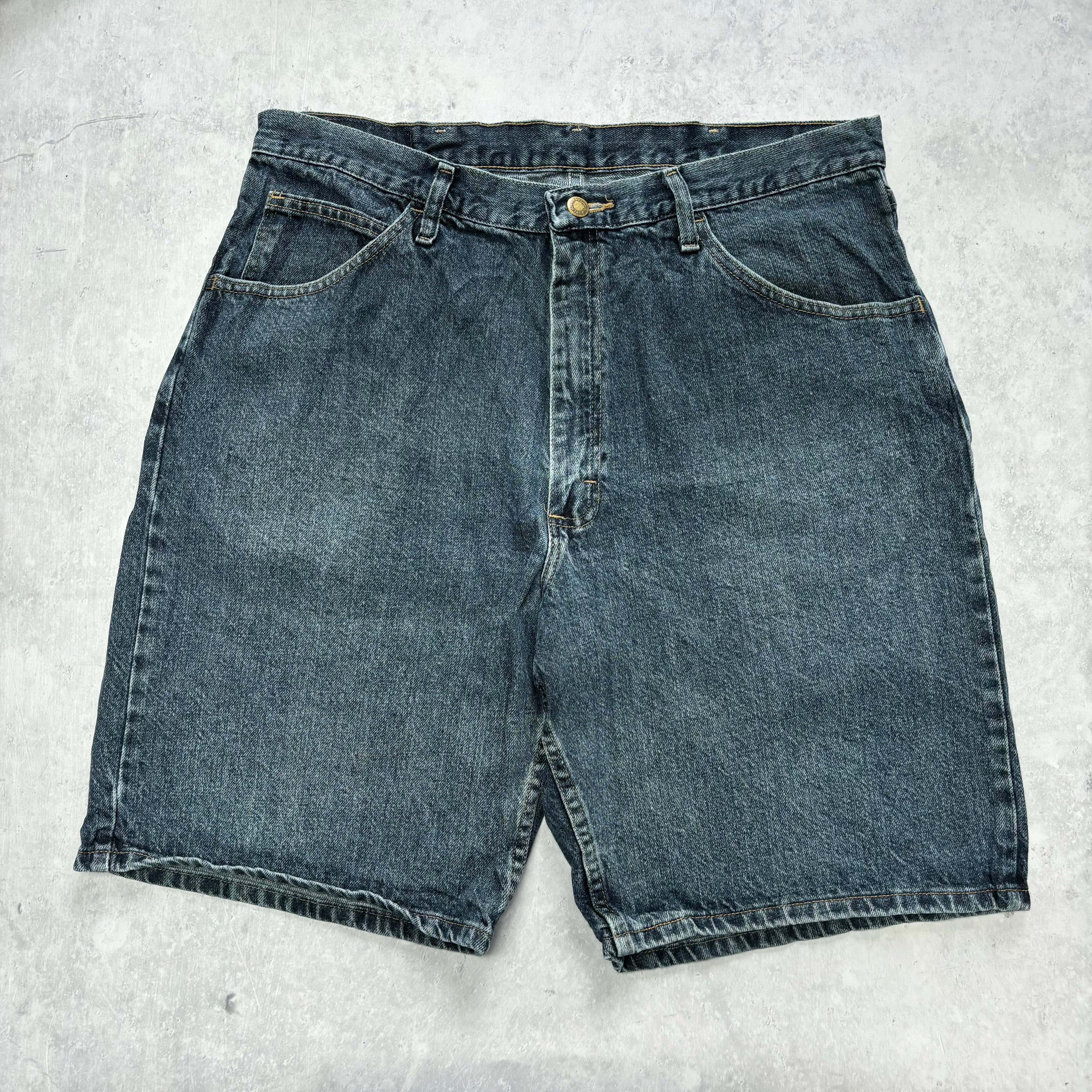 Vintage Wrangler Jorts W36 Mens Denim Shorts Dark Blue Baggy Relaxed Fit