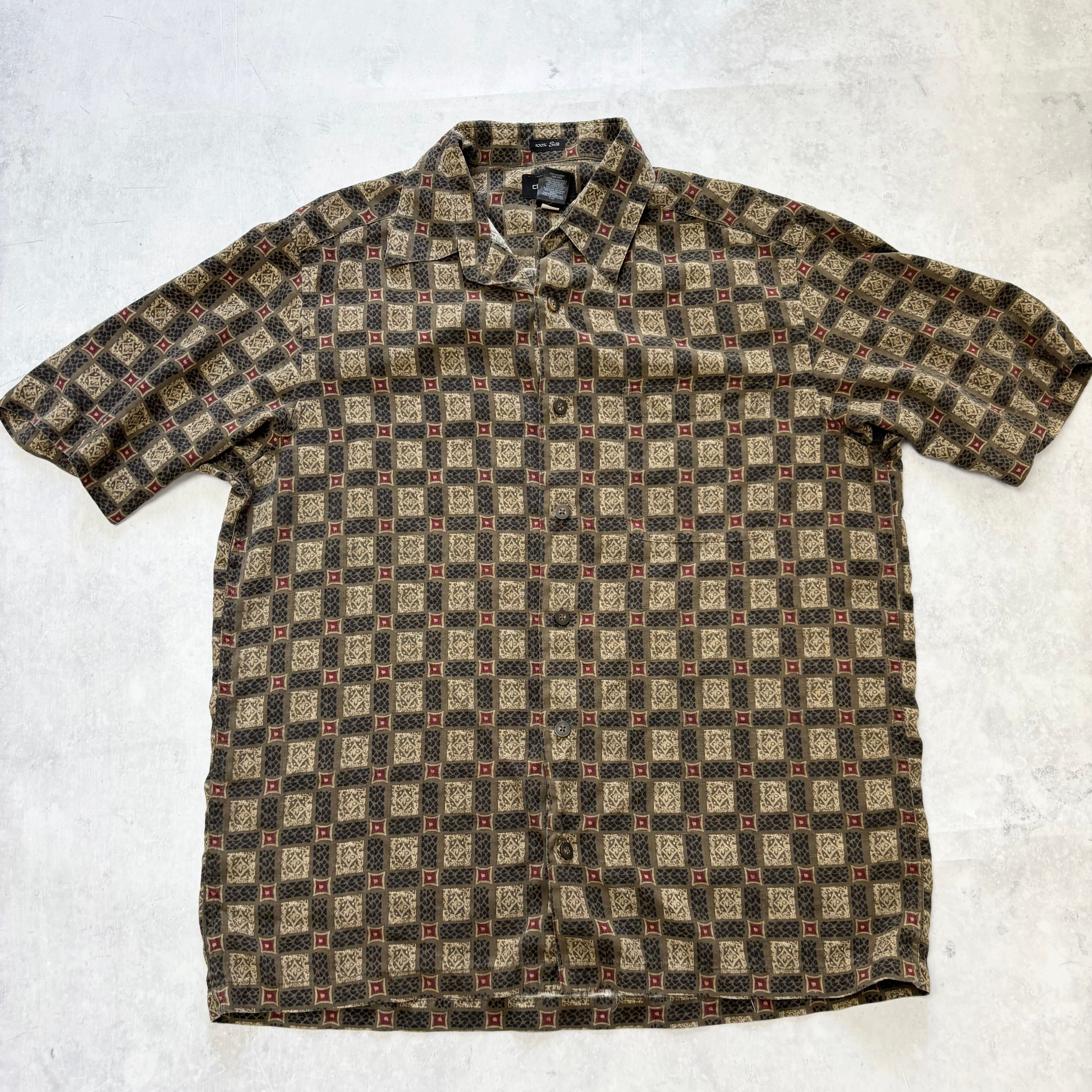 Vintage Shirt Mens Medium Brown Abstract Pattern Short Sleeve Silk (E)