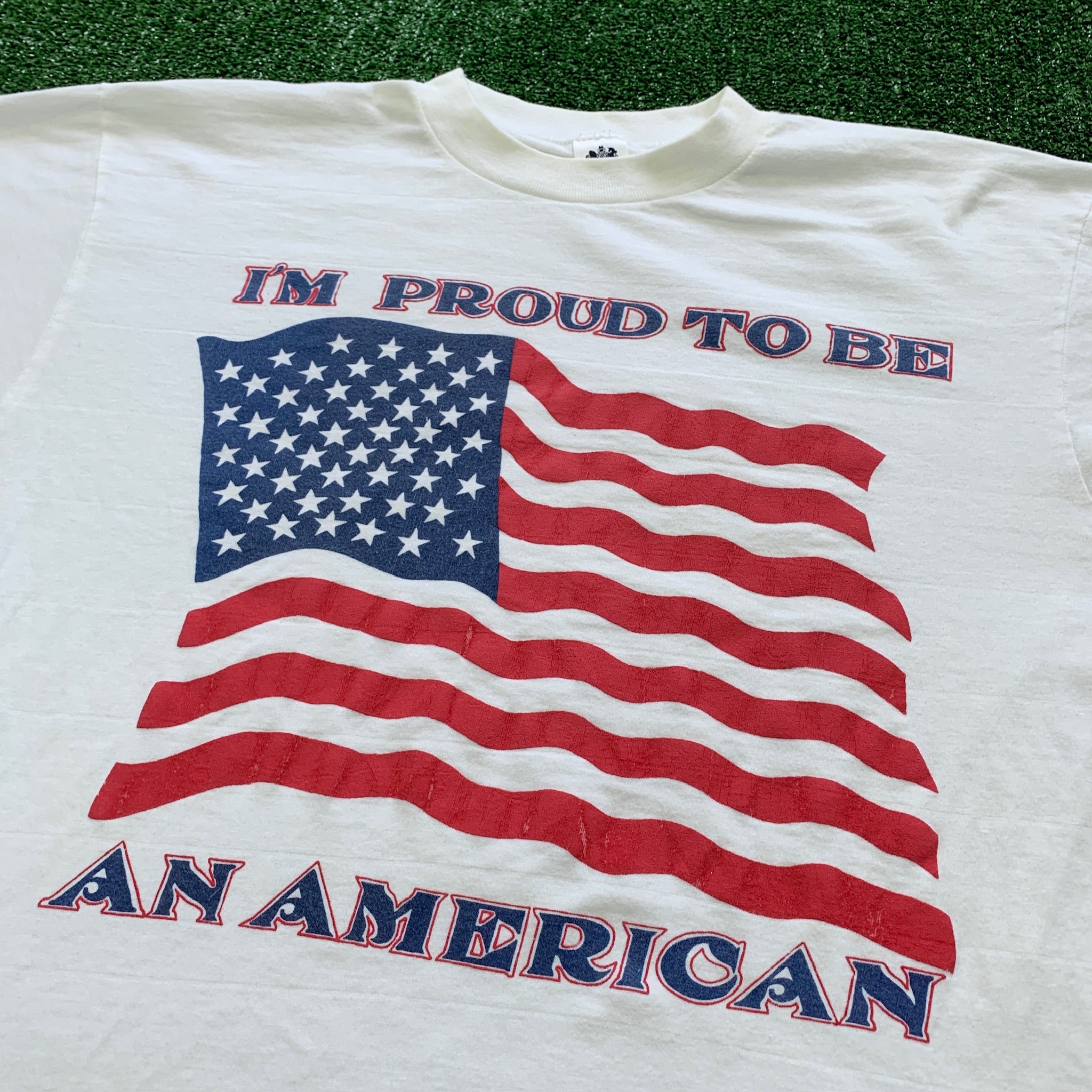 Vintage T Shirt Mens Large White Single Stitch Graphic Print 90s USA Flag