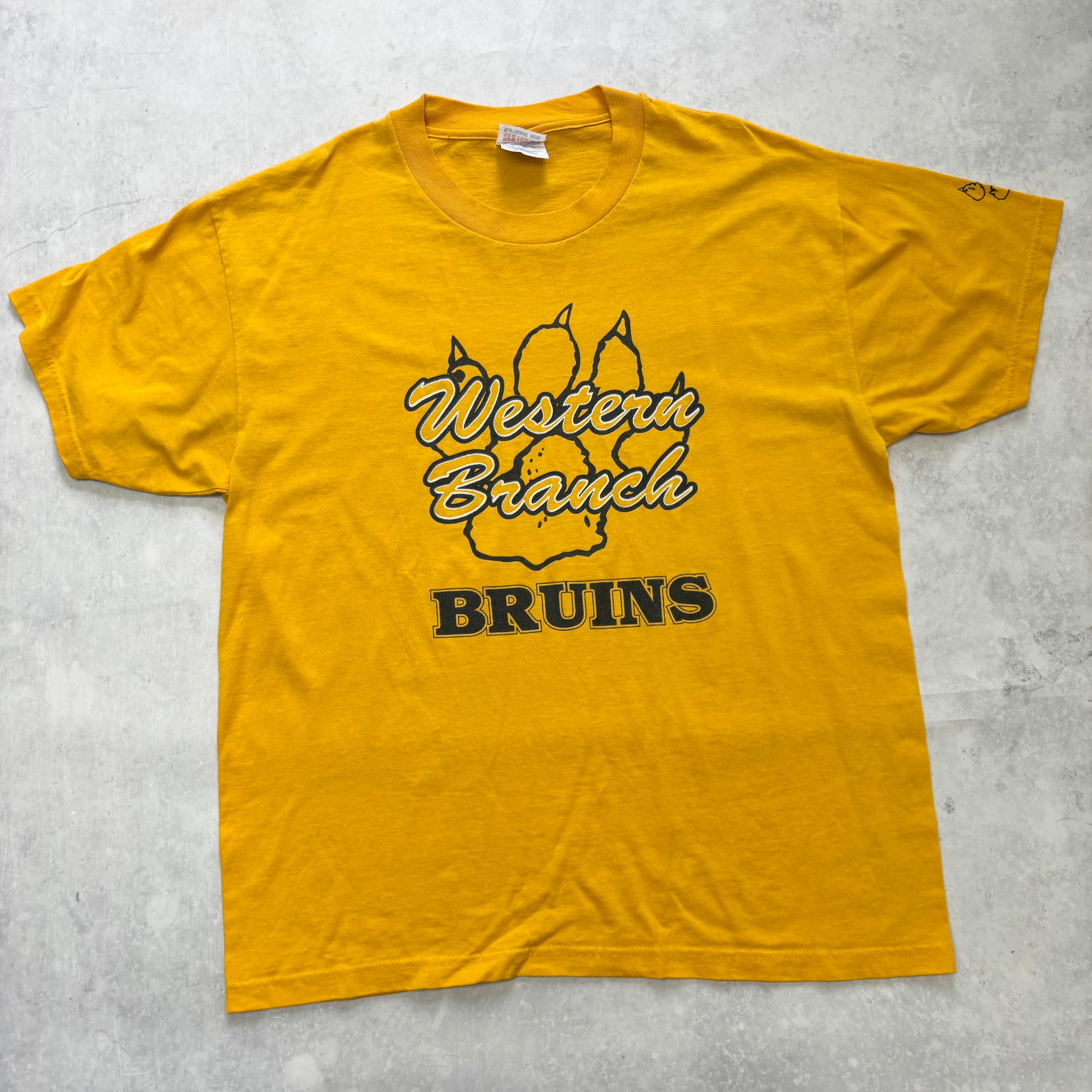 Vintage T Shirt Mens Large Yellow Graphic Print 90s USA College (E)
