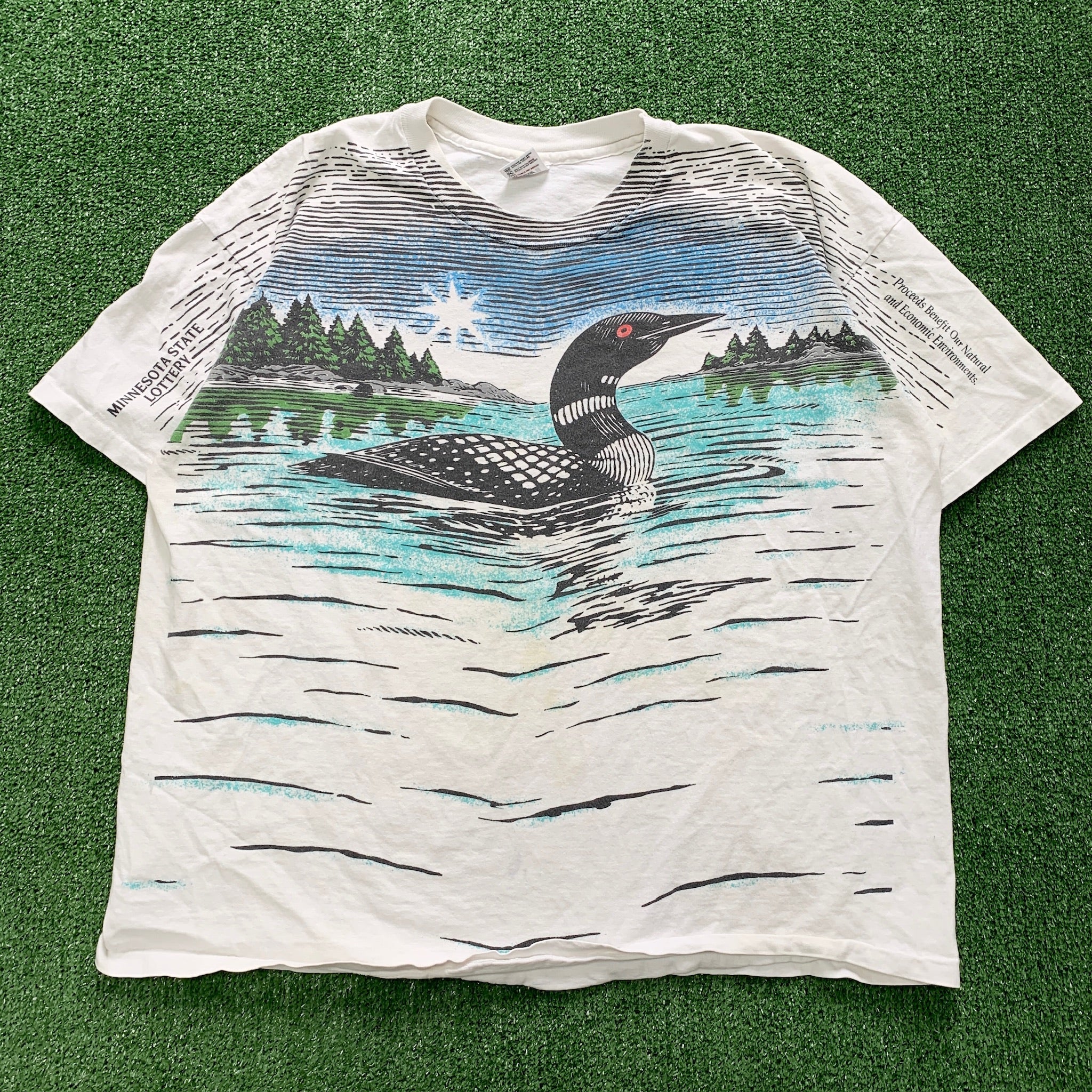 Vintage T Shirt Mens XXL White Single Stitch Graphic Print 90s USA Ducks AOP