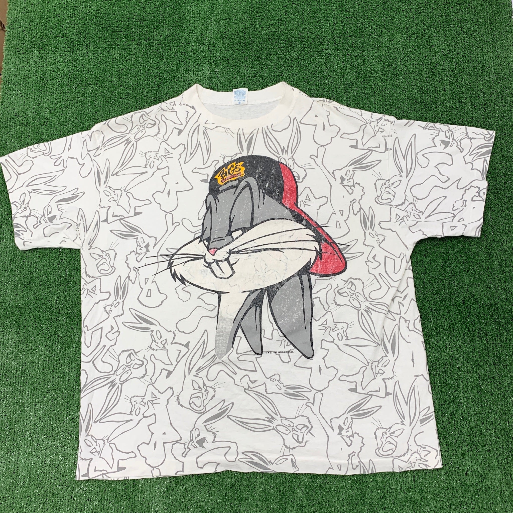 Vintage T Shirt Mens Large White Single Stitch Bugs Bunny AOP 90s Looney Tunes