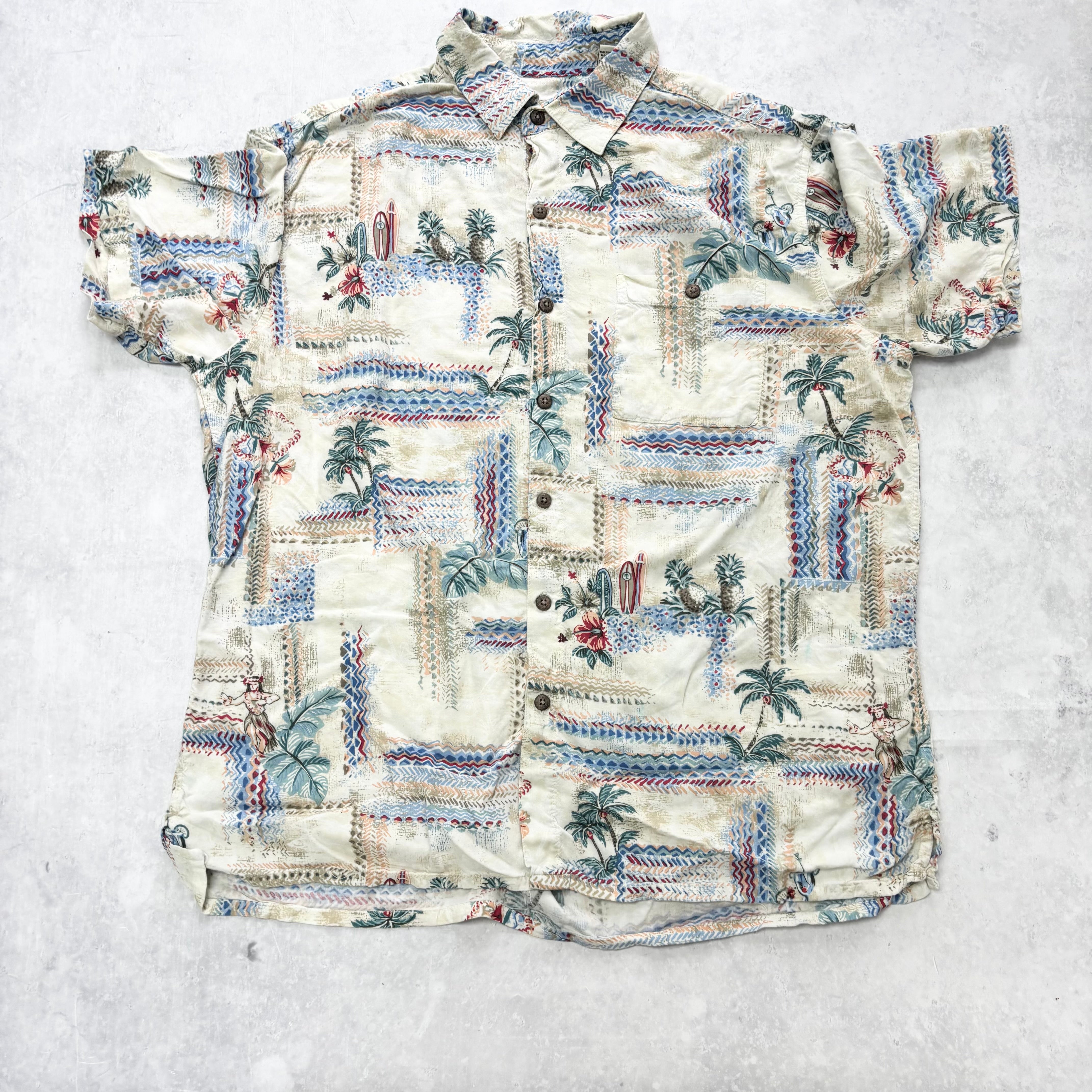 Vintage Hawaiian Shirt Mens Large White Floral Aloha Short Sleeve Rayon (E)