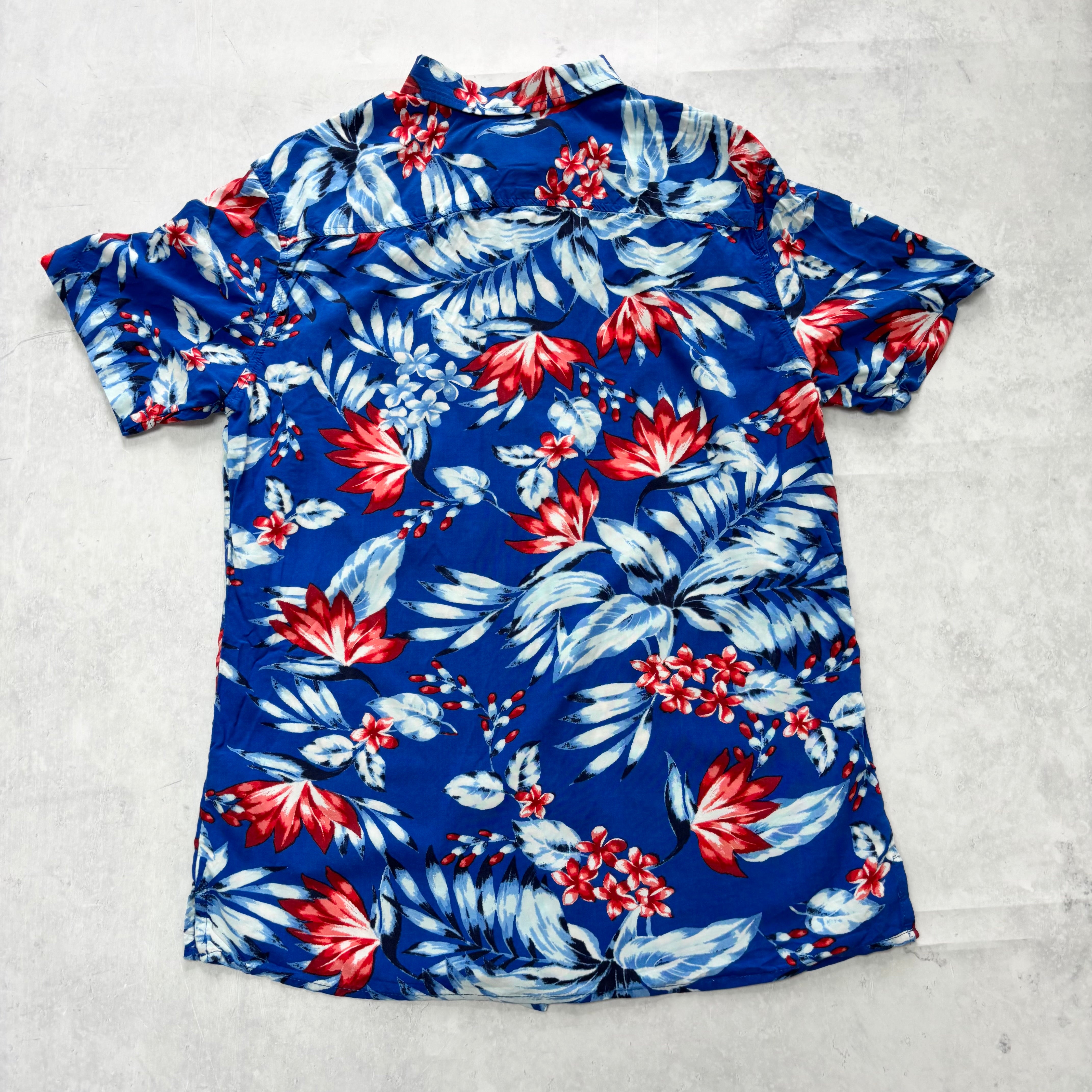 Hawaiian Shirt Mens Small Blue Floral Aloha Short Sleeve Rayon Regular Fit (E)