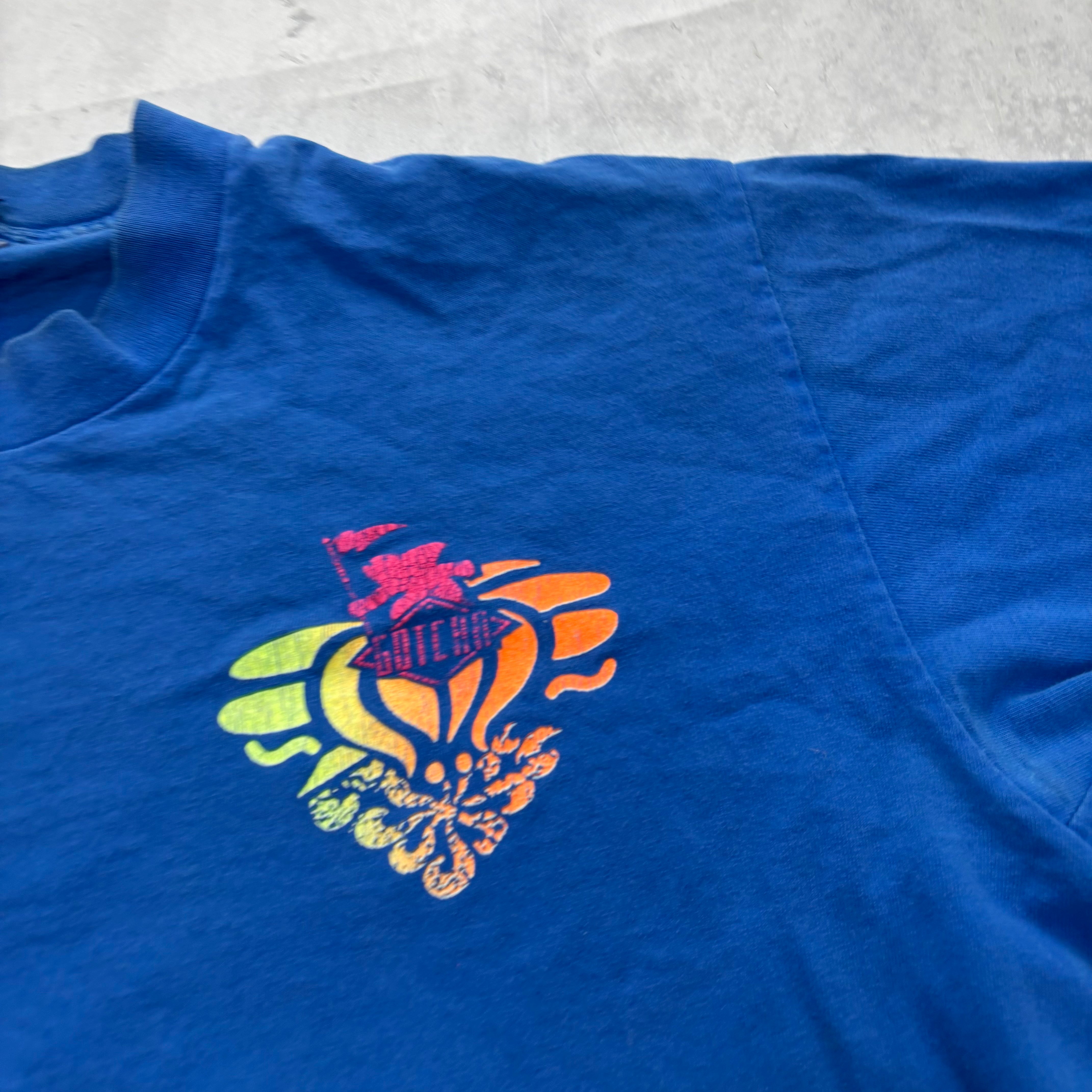 Vintage T Shirt Mens Medium Blue Single Stitch Graphic Print 90s Surfing