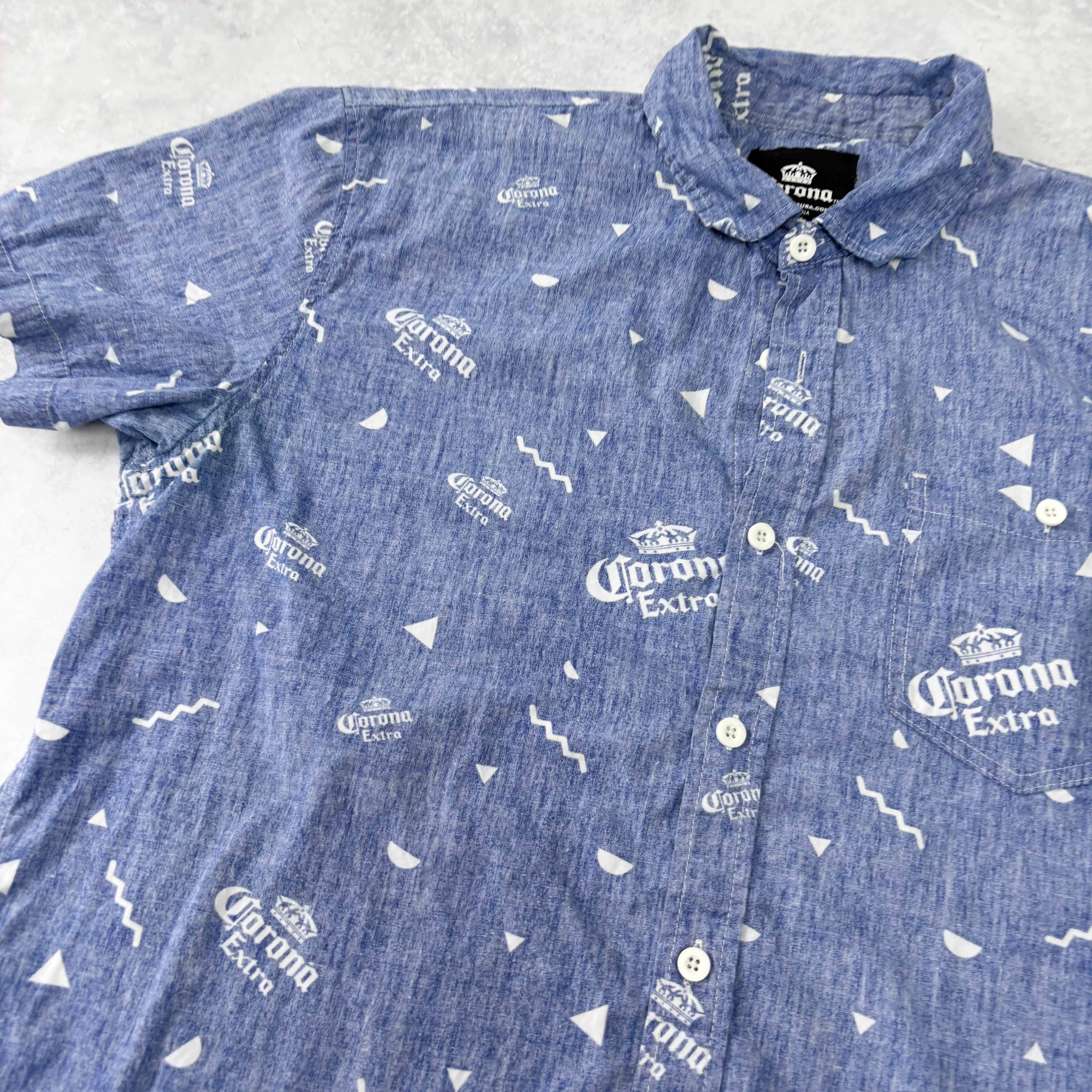Corona Hawaiian Shirt Mens XL Blue Short Sleeve Beer Cotton (E)