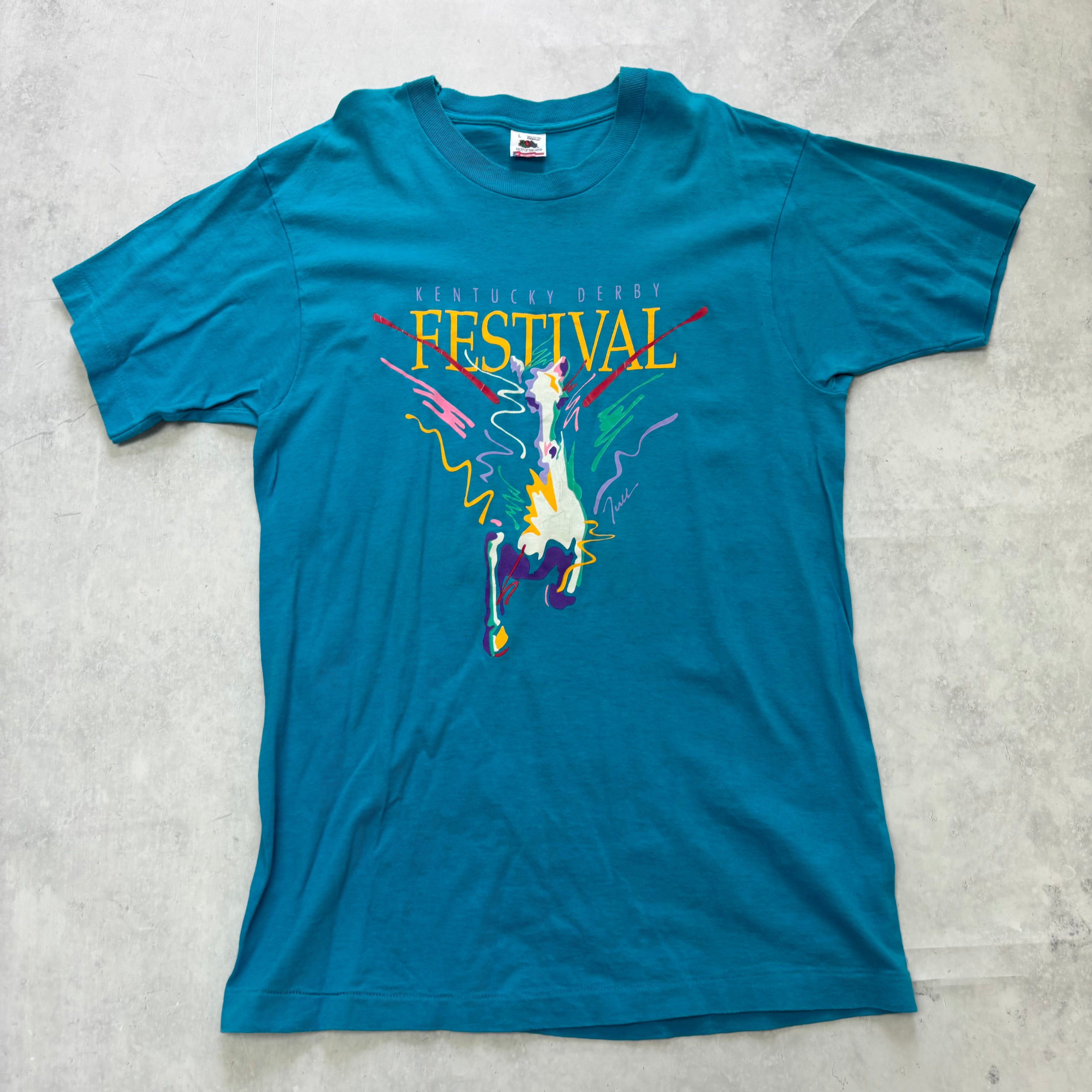 Vintage T Shirt Mens Medium Blue Single Stitch Graphic Print 90s Horses (E)