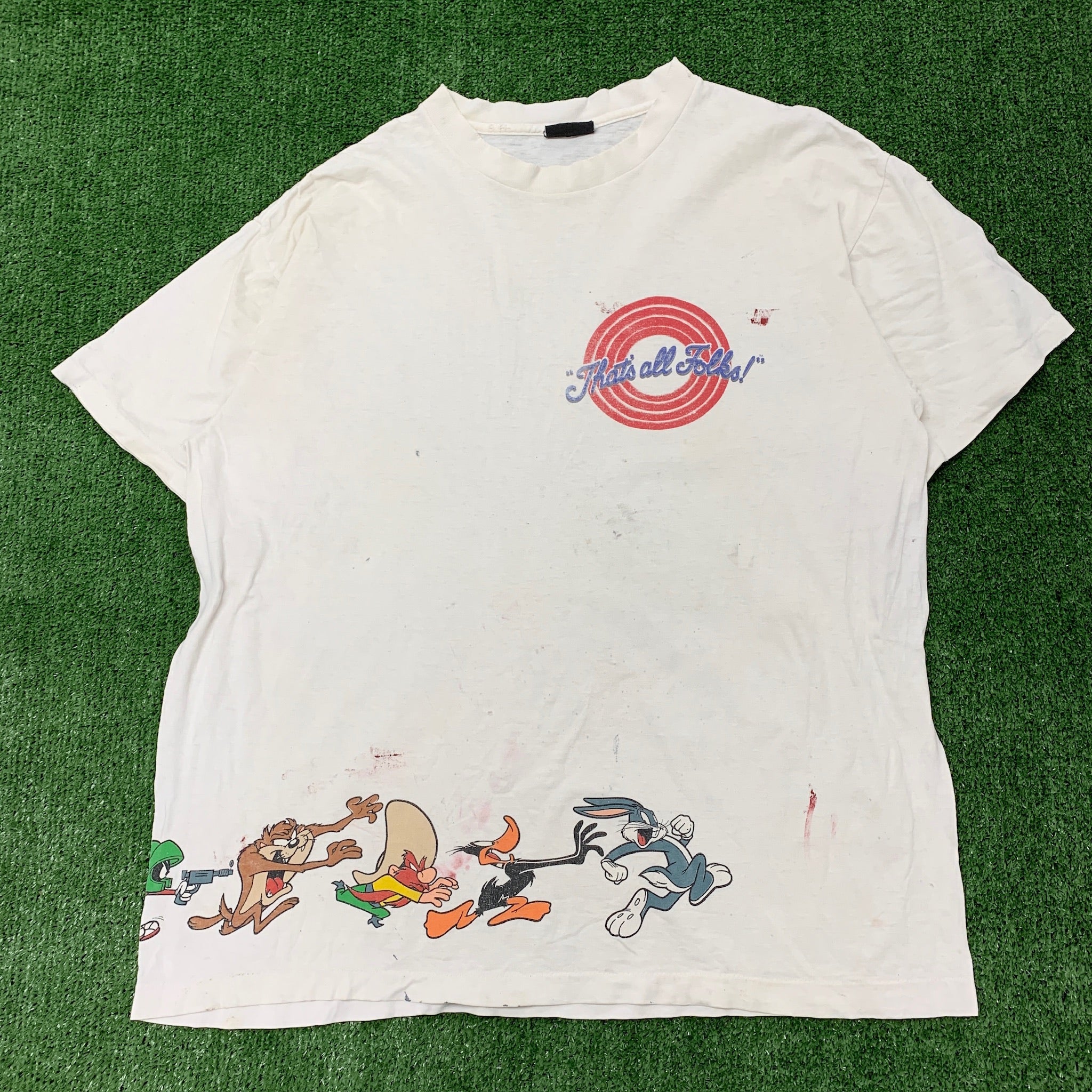 Vintage T Shirt Mens XL Cream White Graphic Print Looney Tunes Cartoon Comic 90s