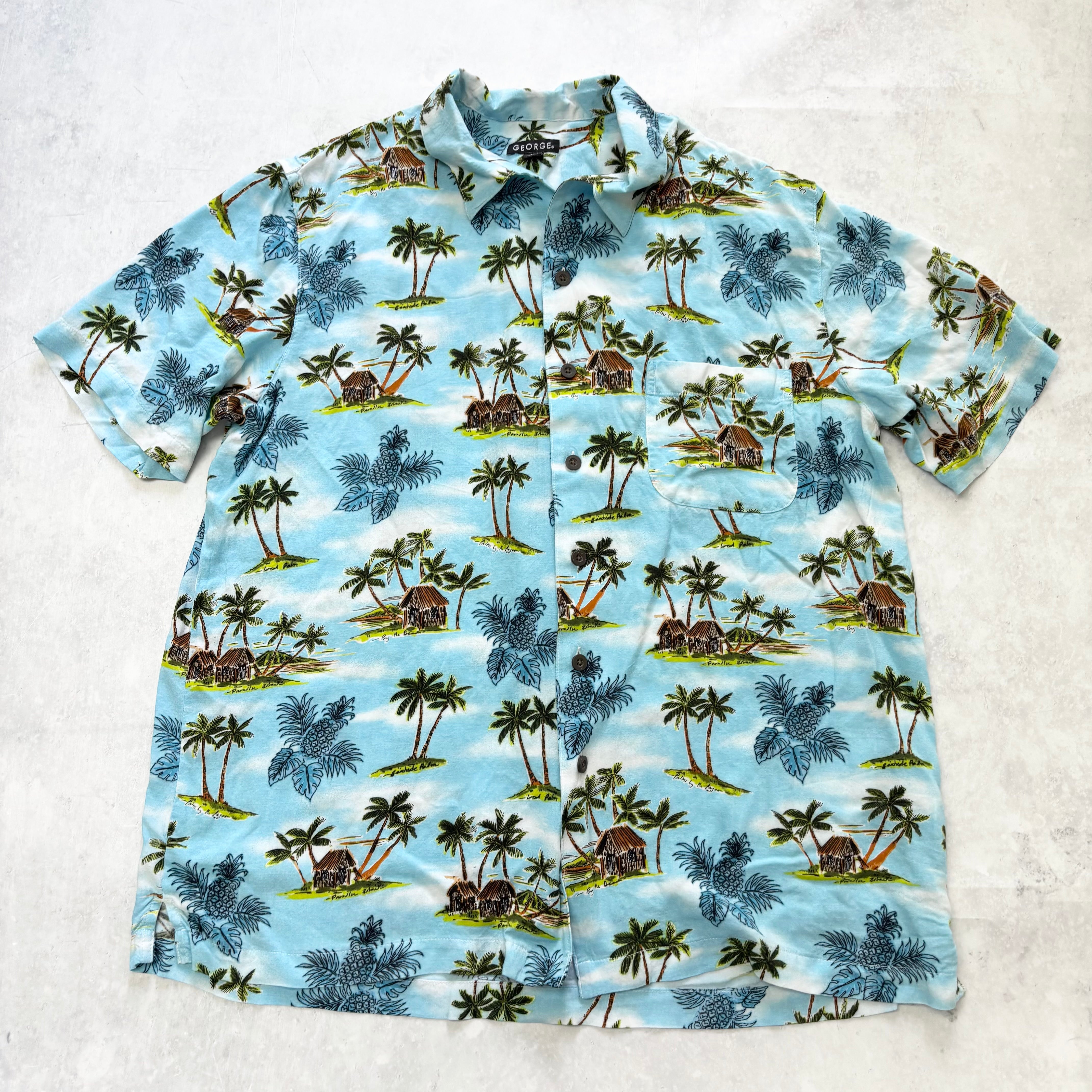 George Hawaiian Shirt Mens Large Blue Floral Aloha Short Sleeve Rayon (E)