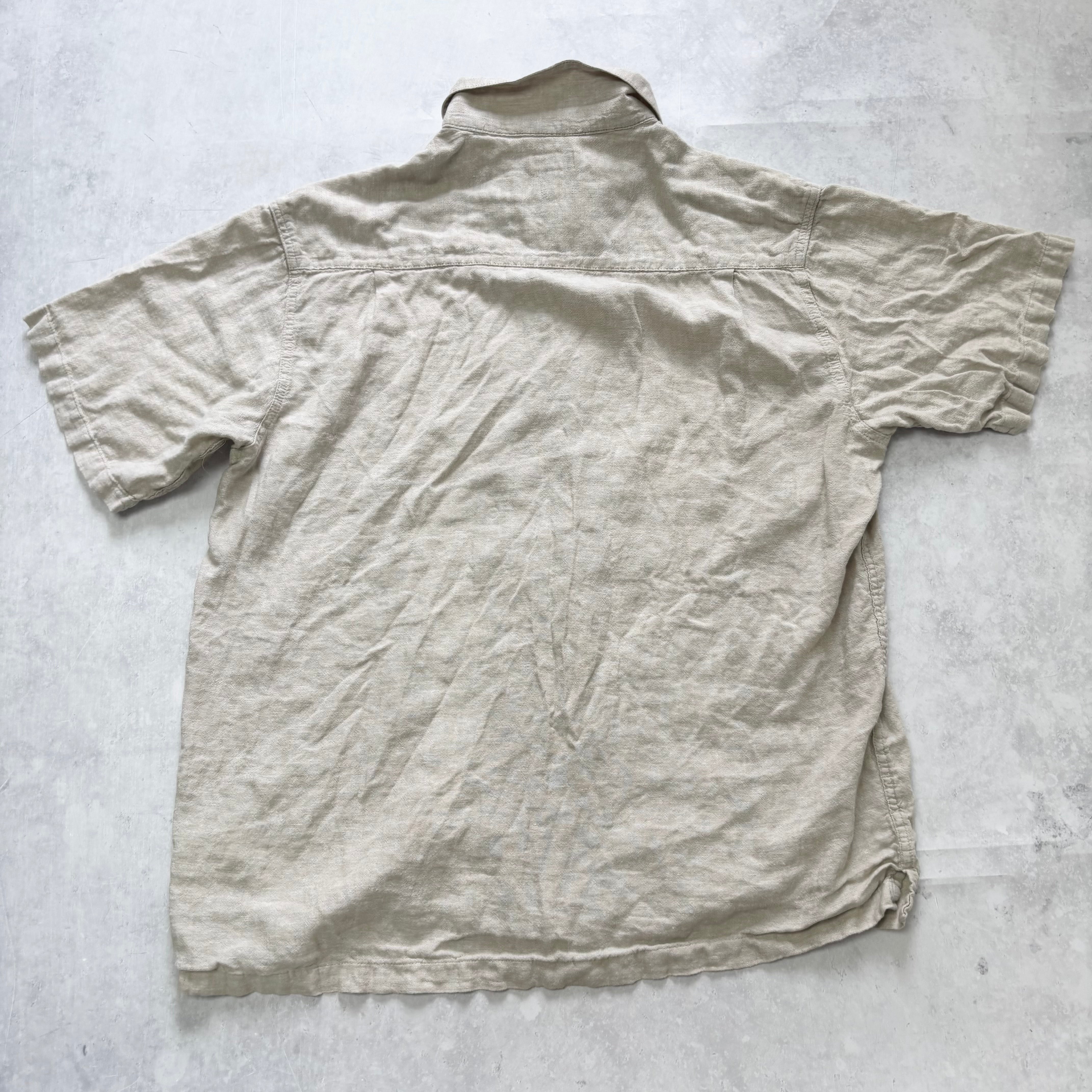 Vintage Shirt Mens XL Beige Striped Short Sleeve Linen Blend (E)