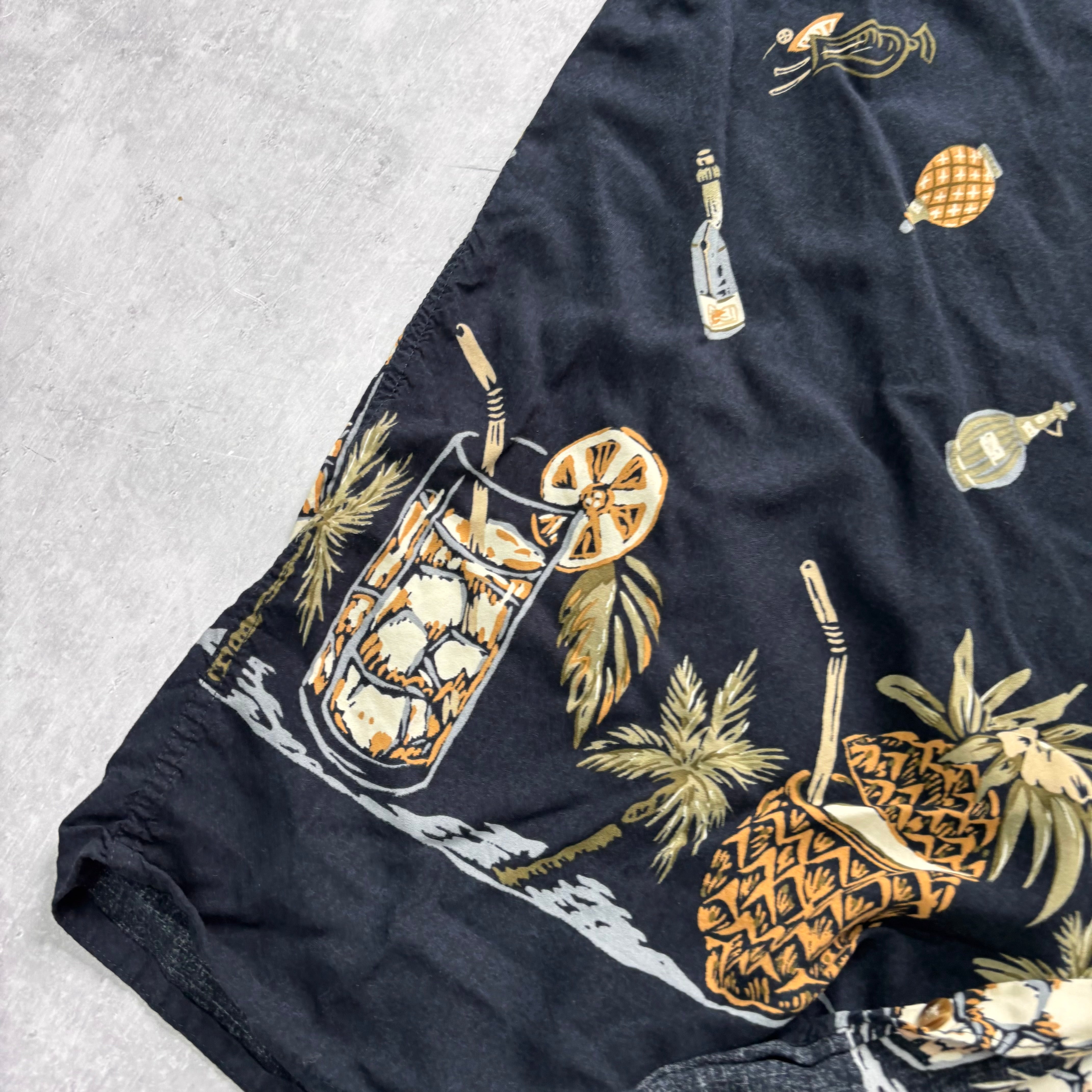 Hawaiian Shirt Mens XL Navy Blue Floral Aloha Short Sleeve Rayon (E)