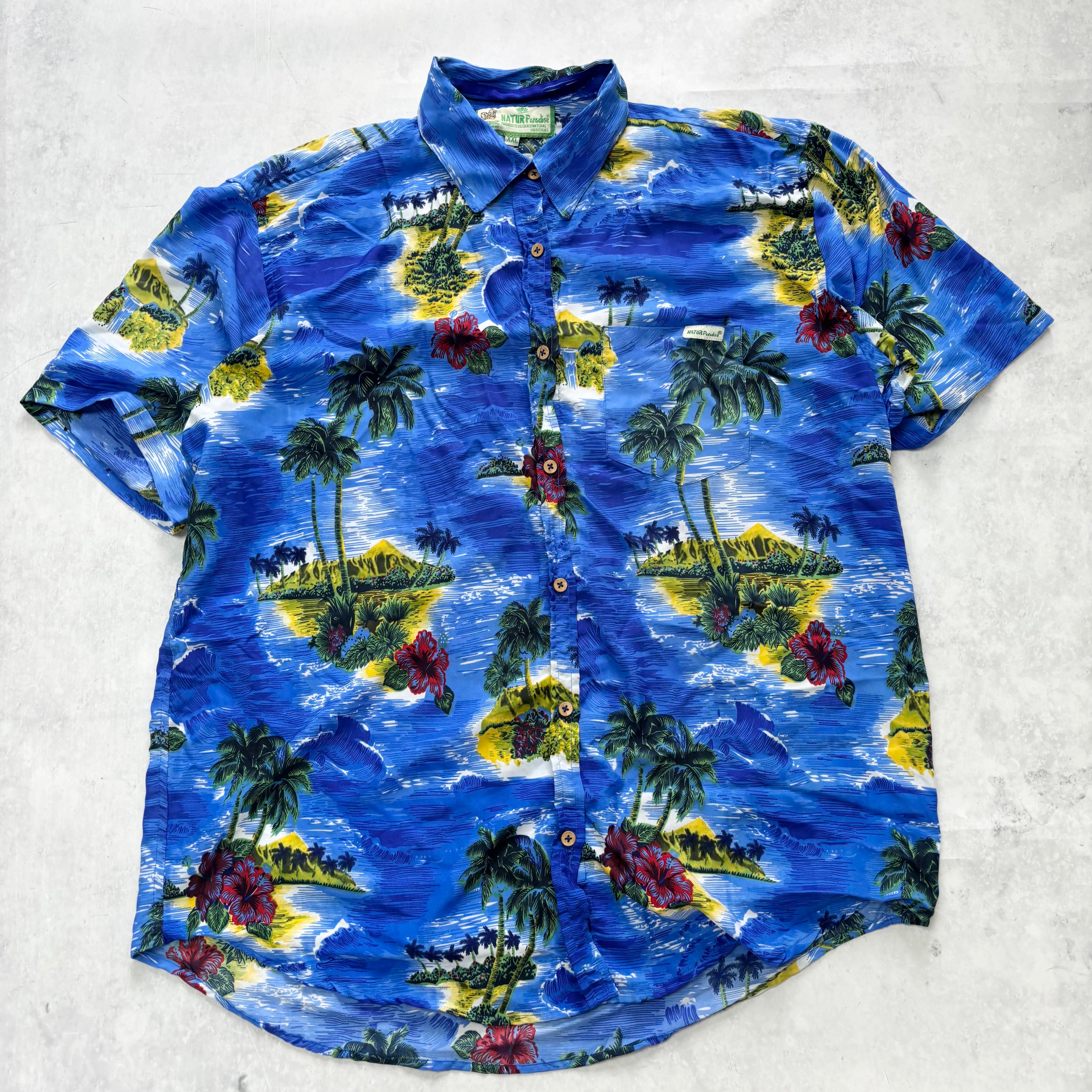 Hawaiian Shirt Mens XXL Blue Floral Aloha Short Sleeve Viscose (E)