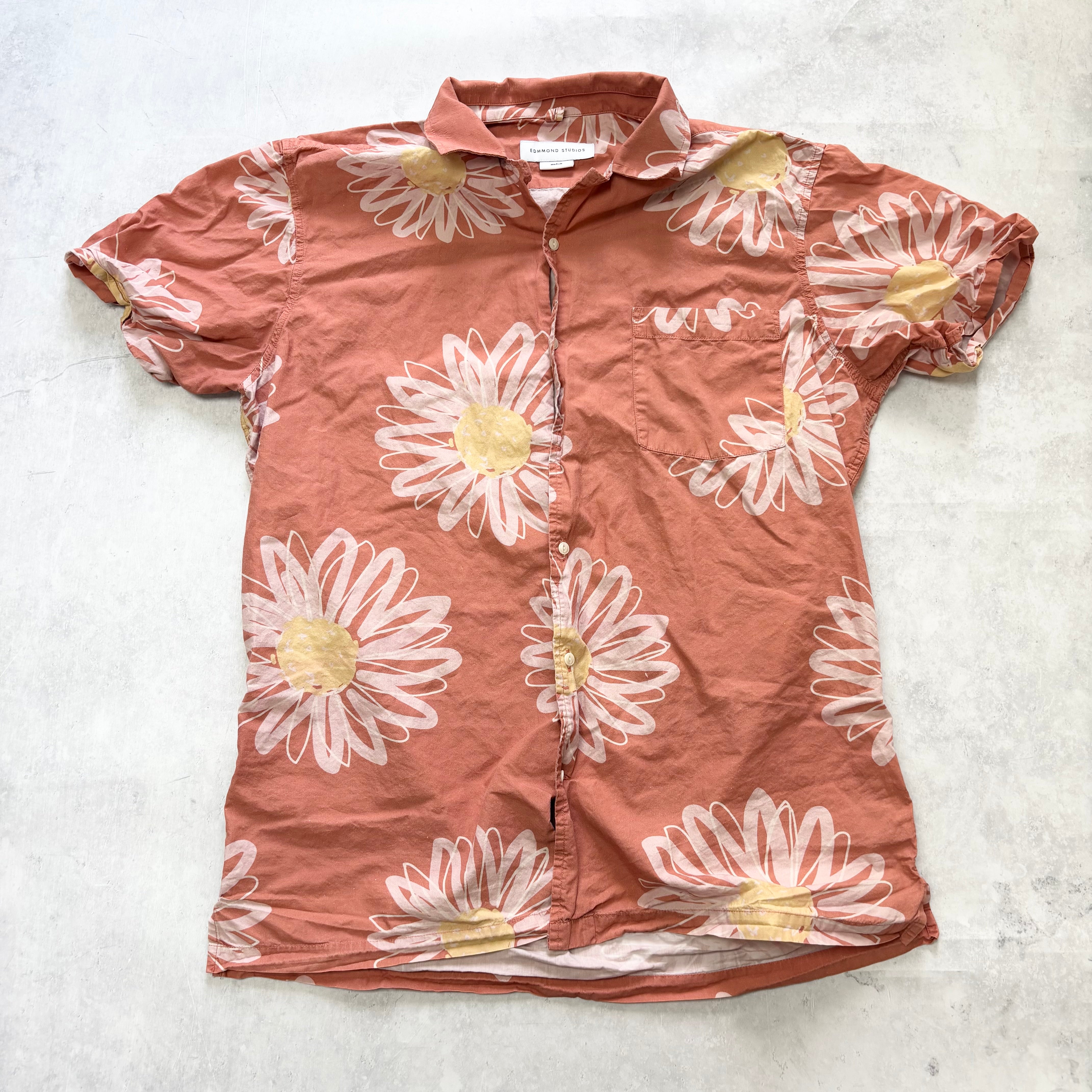 Hawaiian Shirt Mens Medium Orange Floral Aloha Short Sleeve Cotton (E)