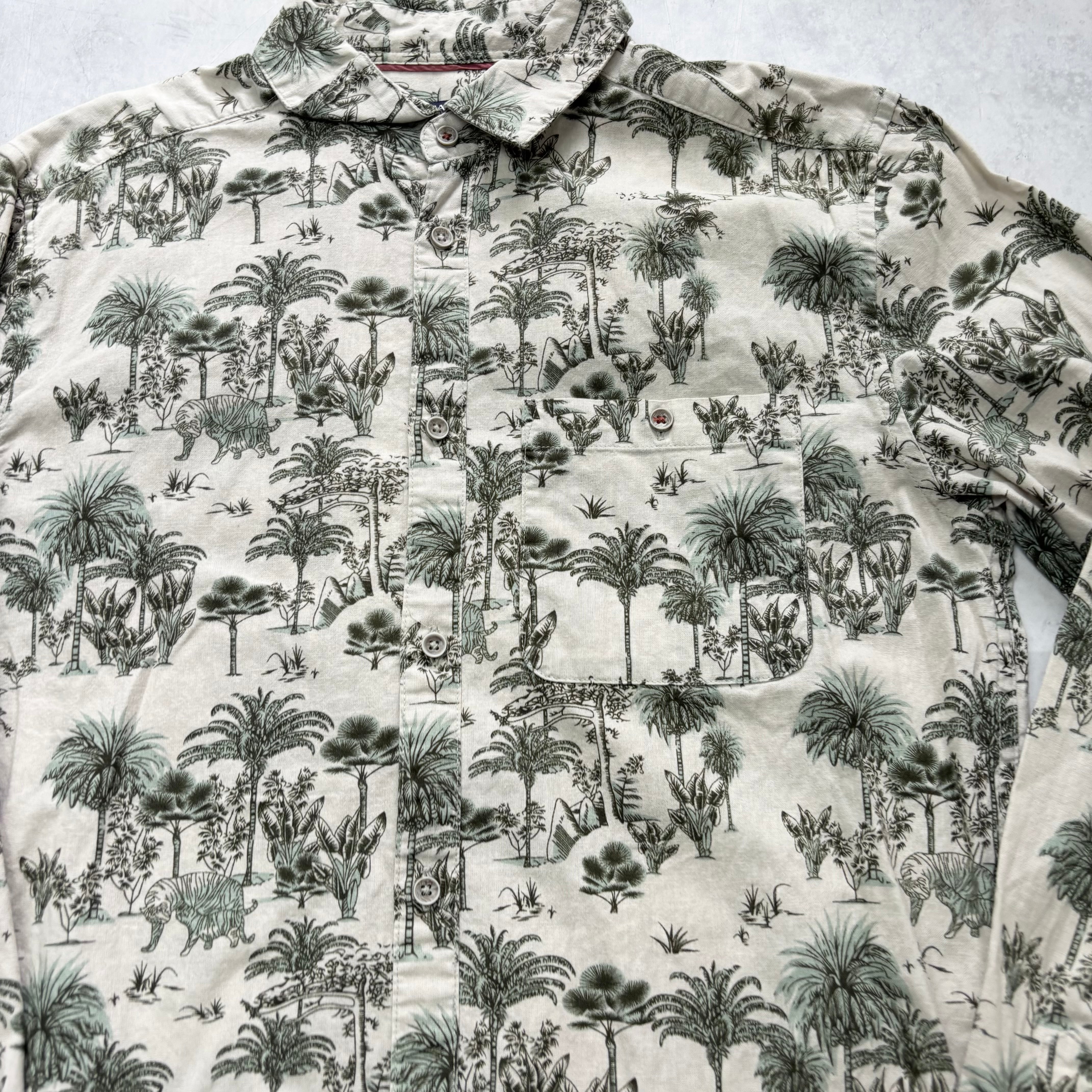 Kiabi Shirt Mens Small Beige Floral Aloha Long Sleeve Cotton (E)