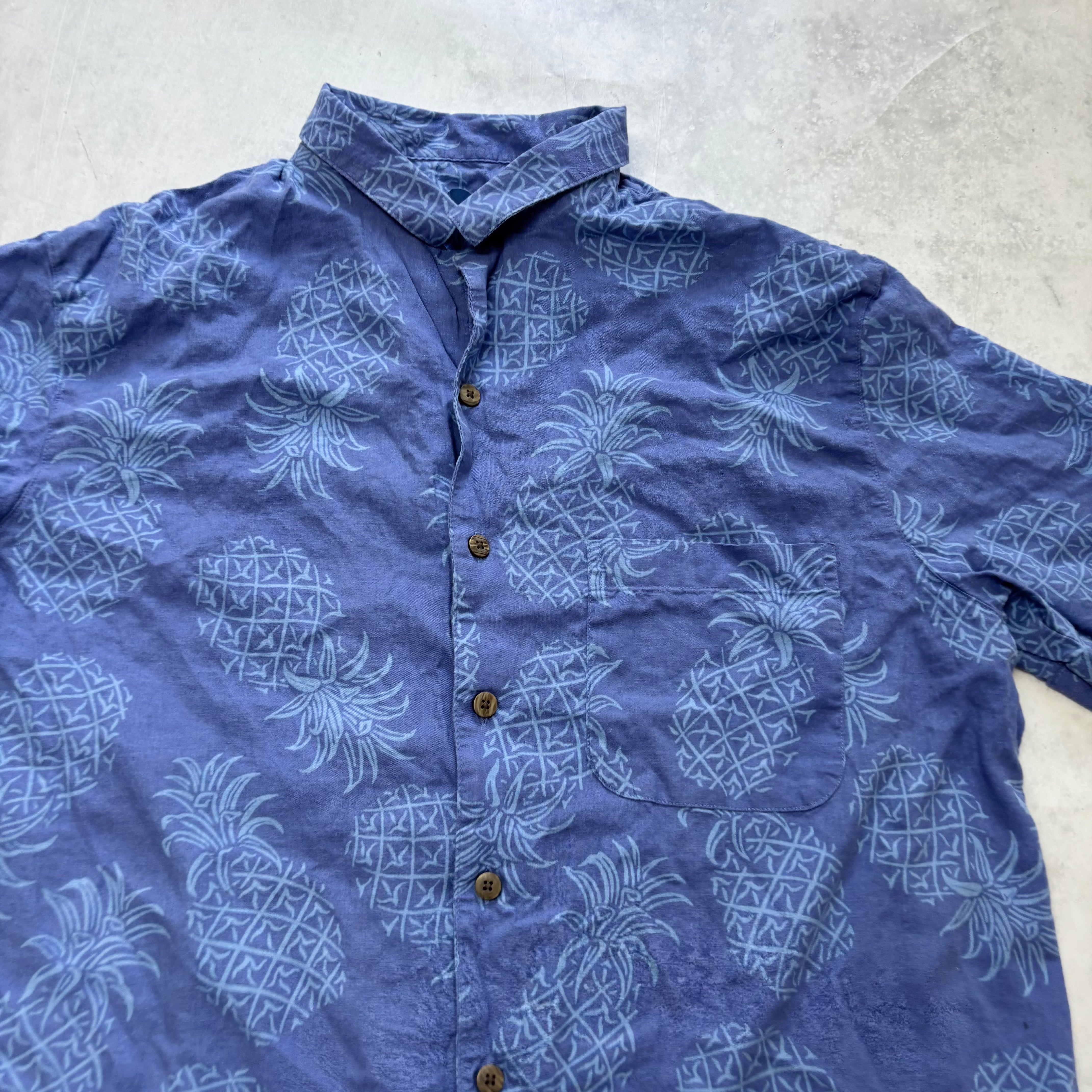 George Hawaiian Shirt Mens XL Blue Floral Aloha Short Sleeve Linen Blend