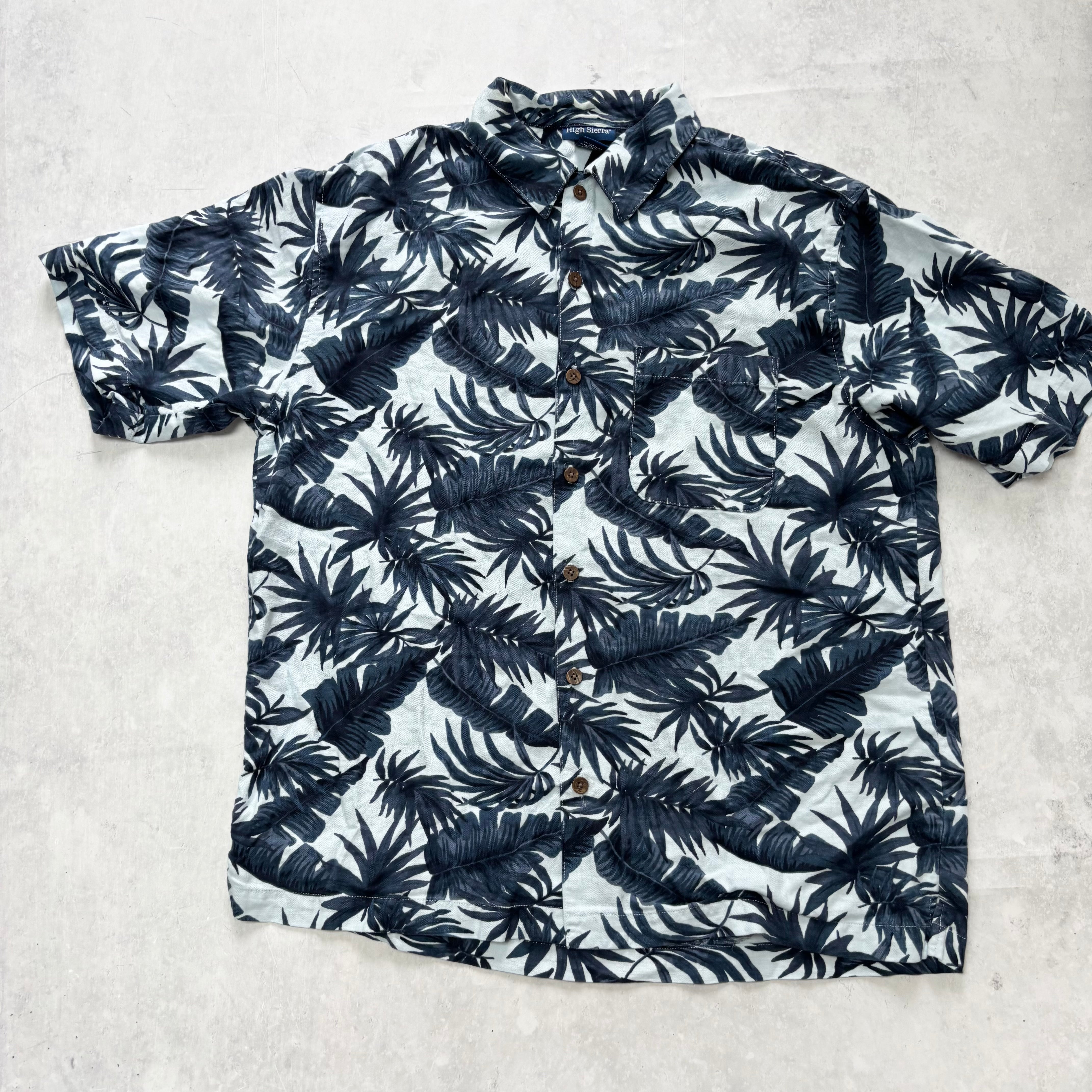 Hawaiian Shirt Mens Medium Blue Floral Aloha Short Sleeve Linen Blend (E)
