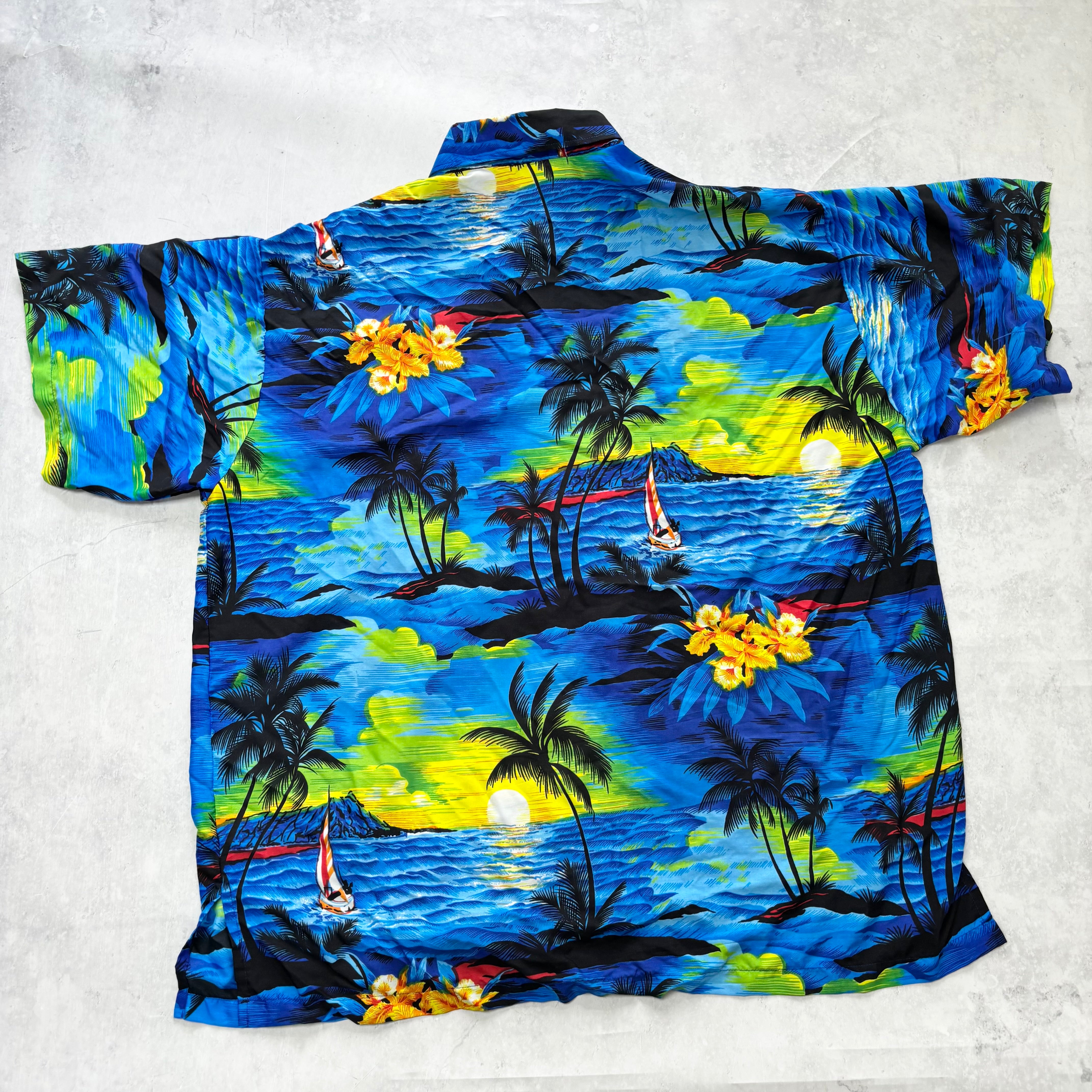 Hawaiian Shirt Mens XXL Blue Floral Aloha Short Sleeve Polyester (E)