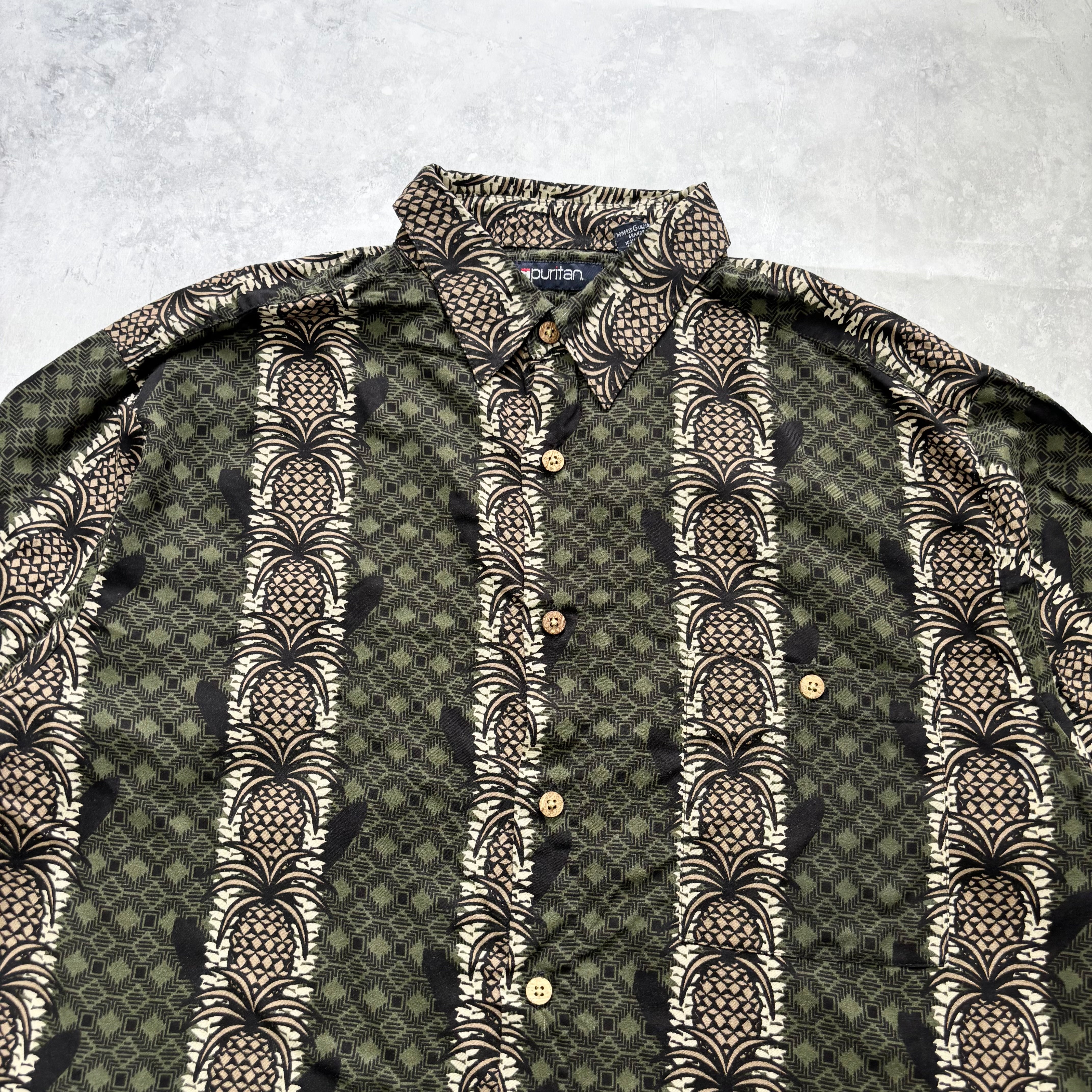 Vintage Hawaiian Shirt Mens Large Green Floral Aloha Short Sleeve Viscose (E)