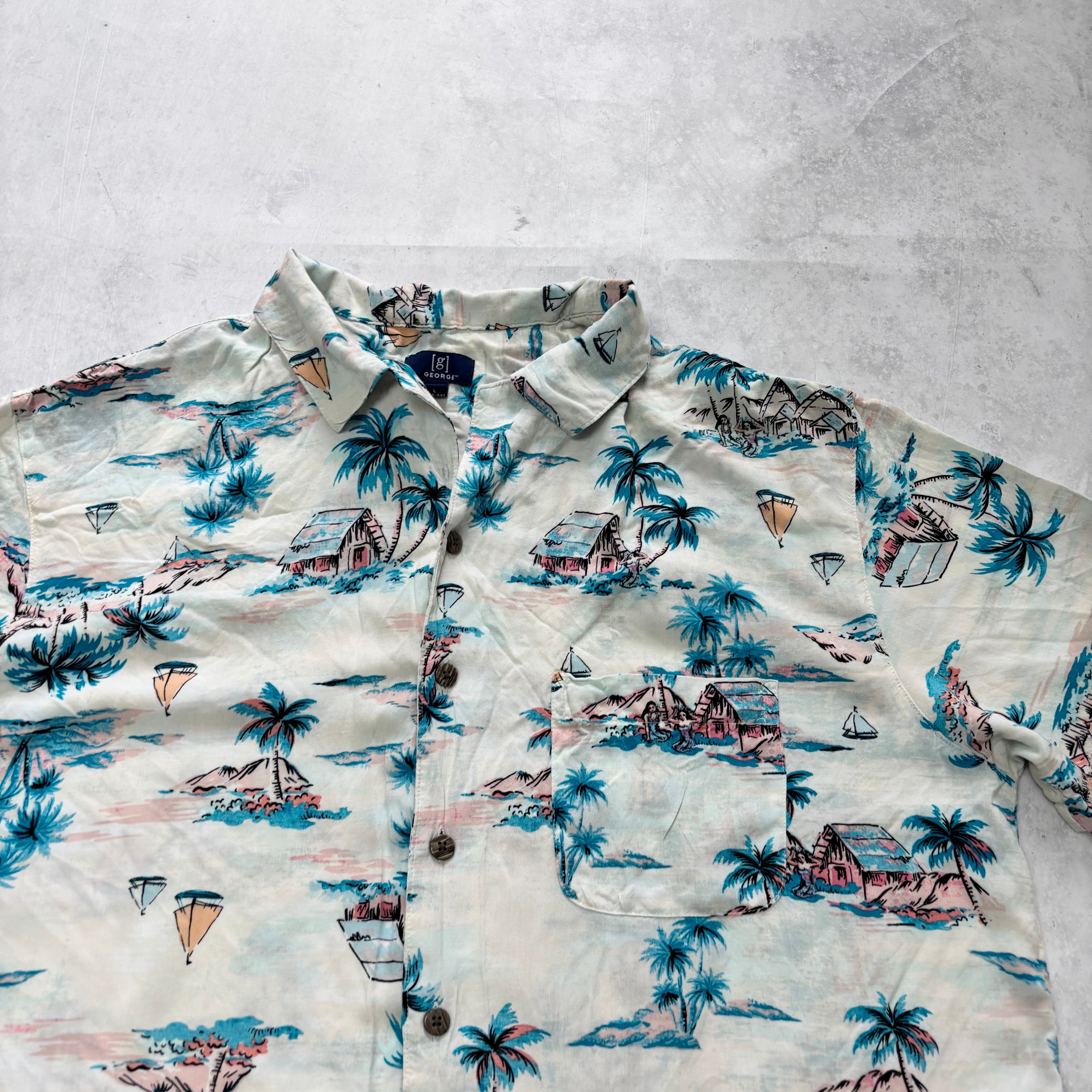 Hawaiian Shirt Mens Large White Floral Aloha Short Sleeve Rayon (E)