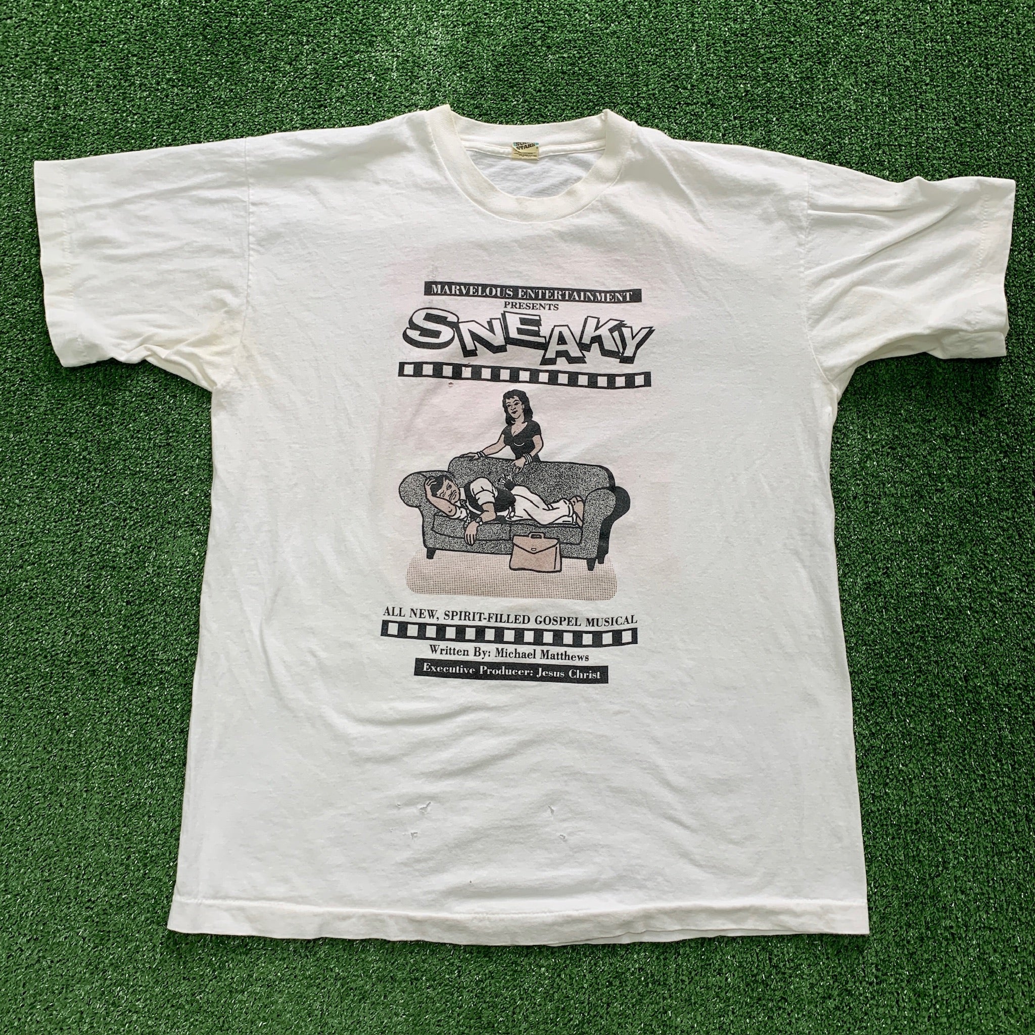 Vintage T Shirt Mens Medium White Single Stitch Graphic Print 90s USA