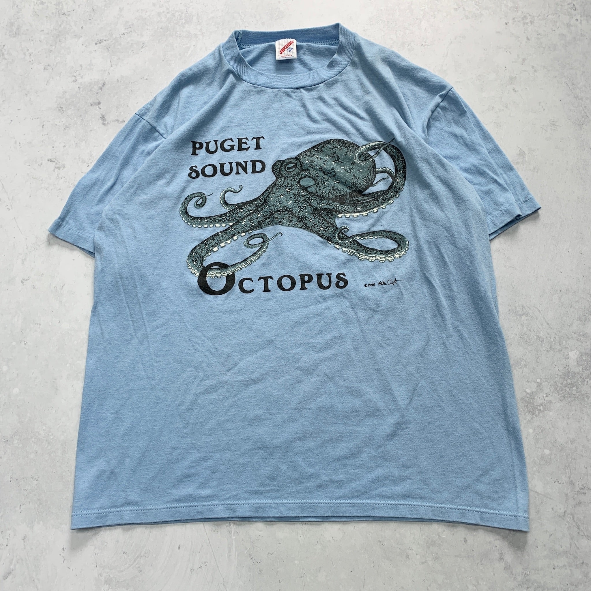 Vintage T Shirt Mens XL Blue Single Stitch Graphic Print 80s USA Octopus