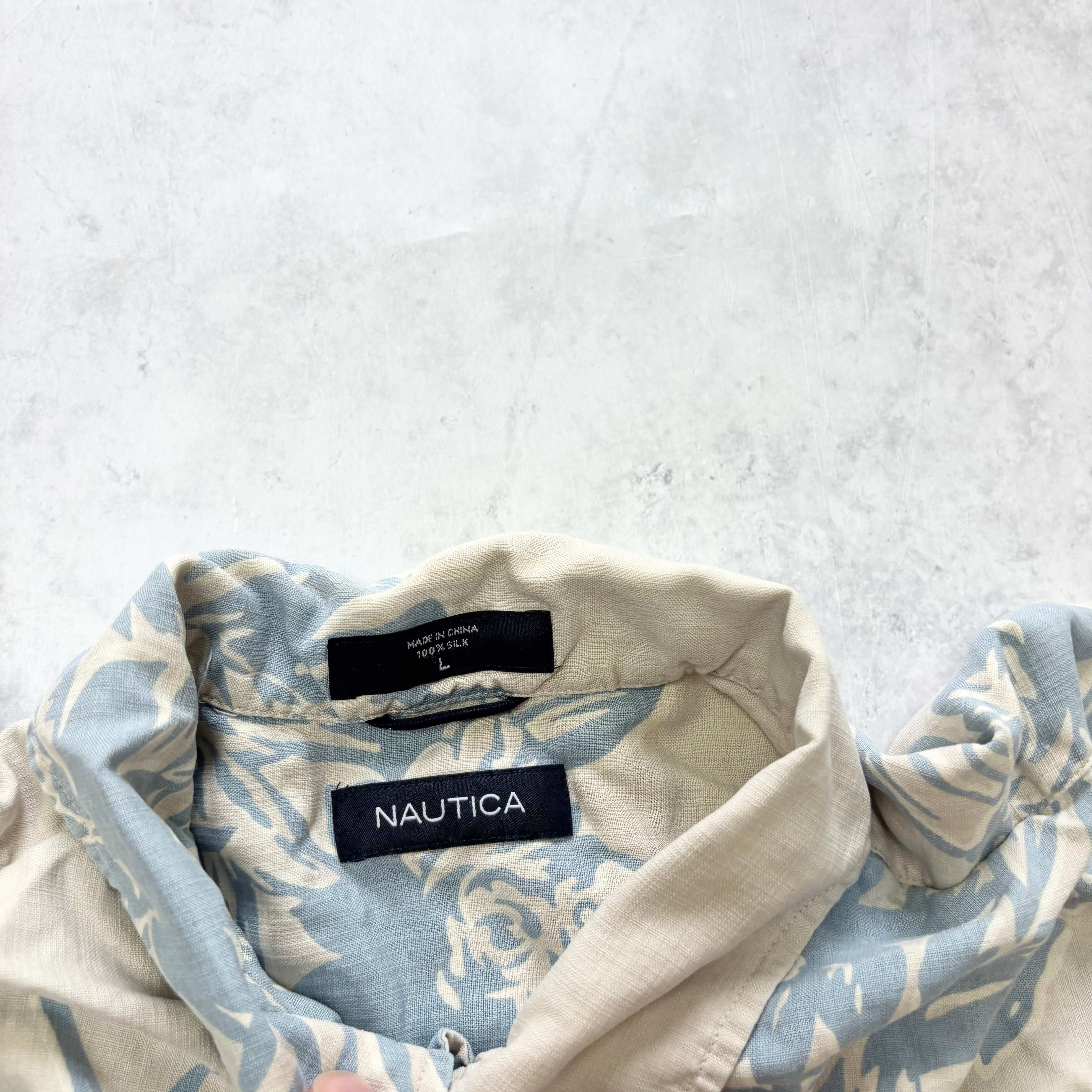 Nautica Hawaiian Shirt Mens Large Cream Floral Aloha Short Sleeve Silk (E)