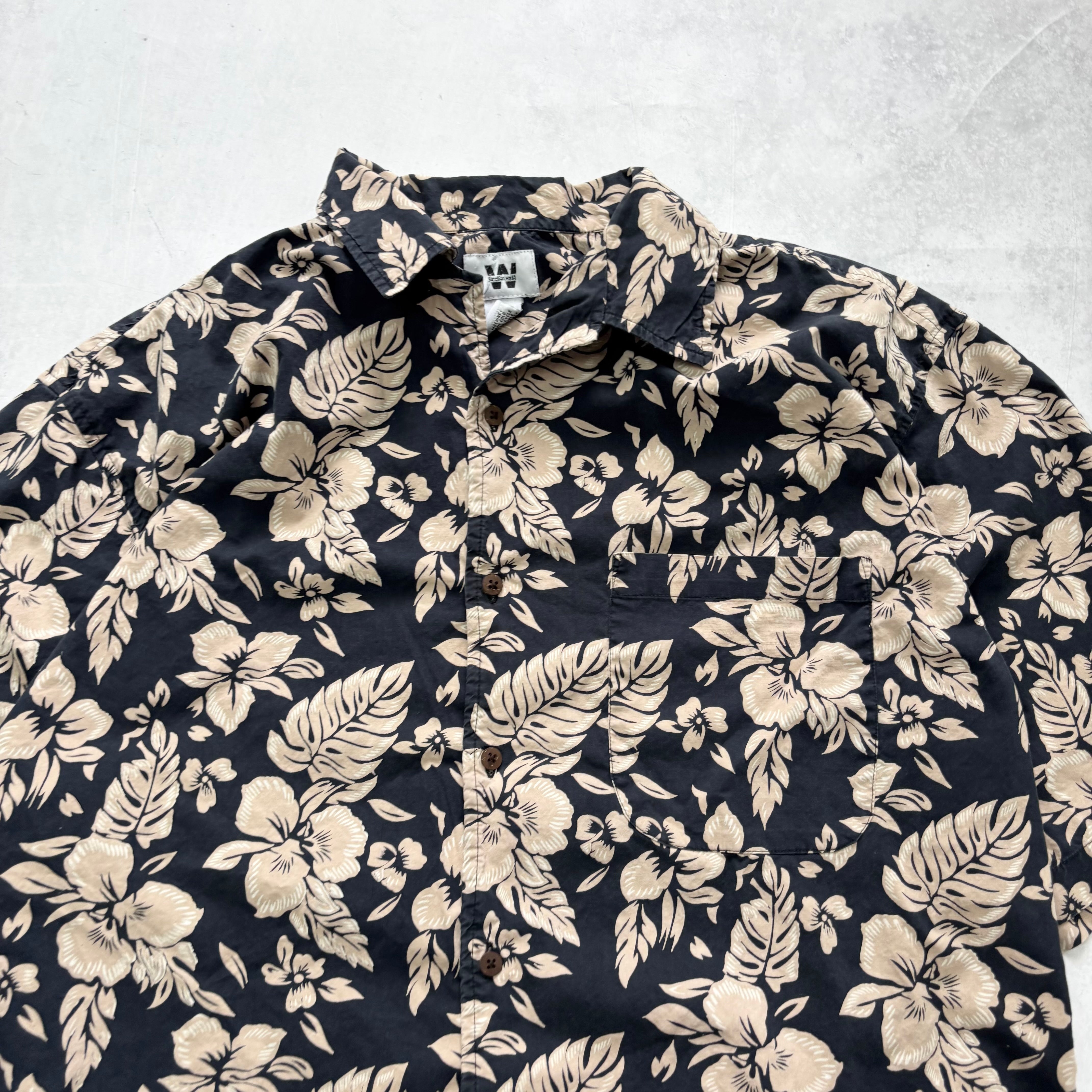 Vintage Hawaiian Shirt Mens Large Navy Floral Aloha Short Sleeve Cotton (E)