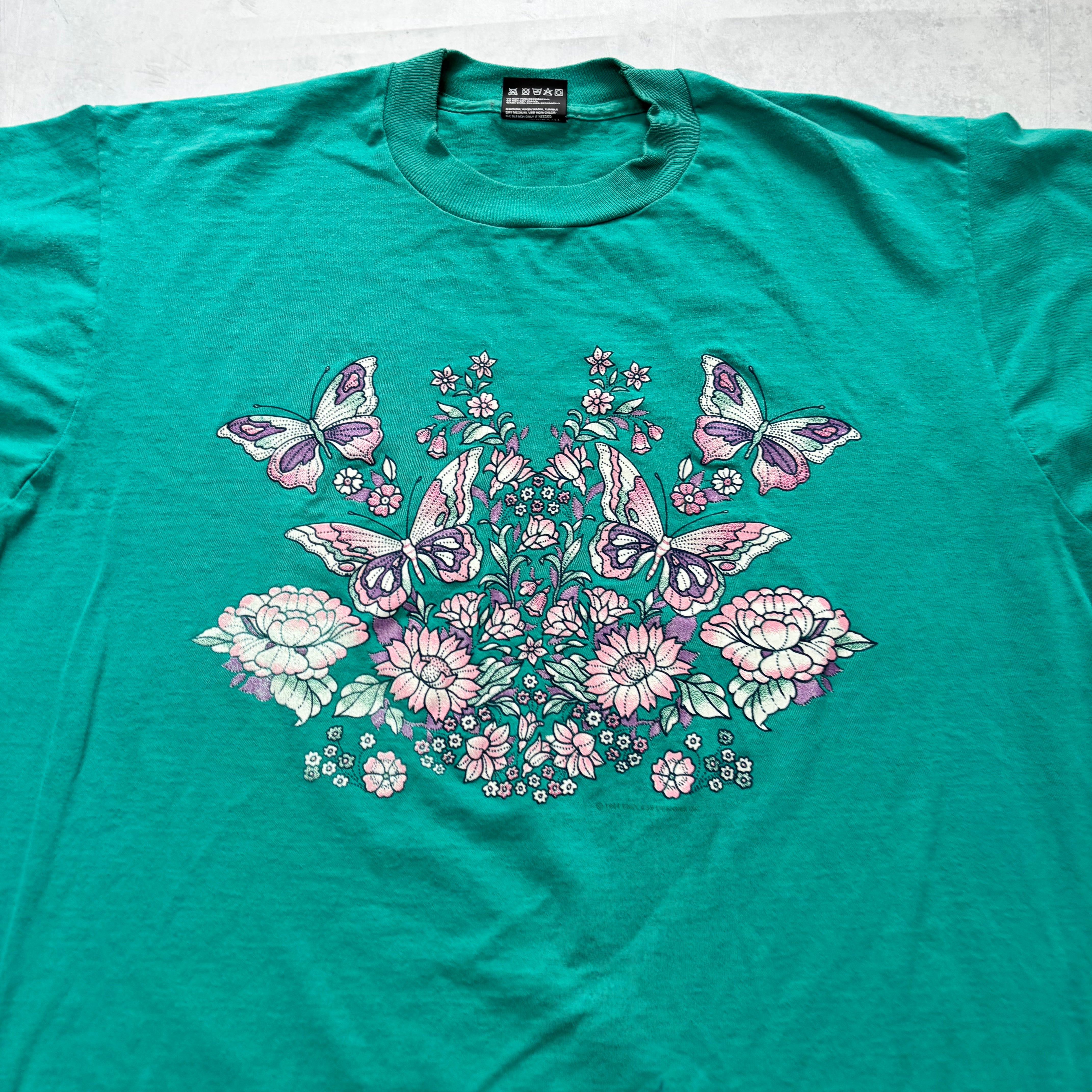Vintage T Shirt Mens Medium Teal Green Single Stitch Graphic Print 90s Flowers