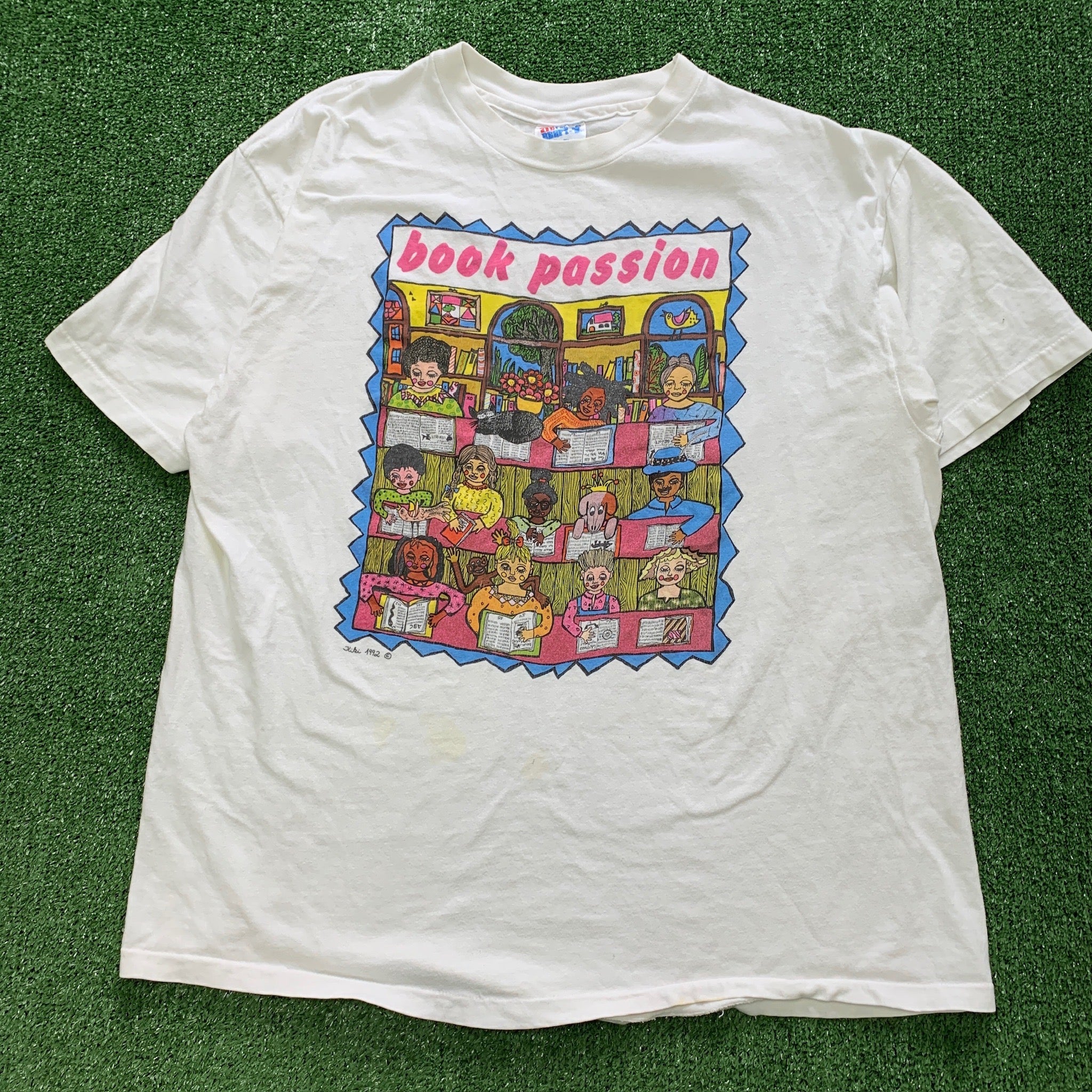 Vintage T Shirt Mens Large White Single Stitch Graphic Print 90s USA Books