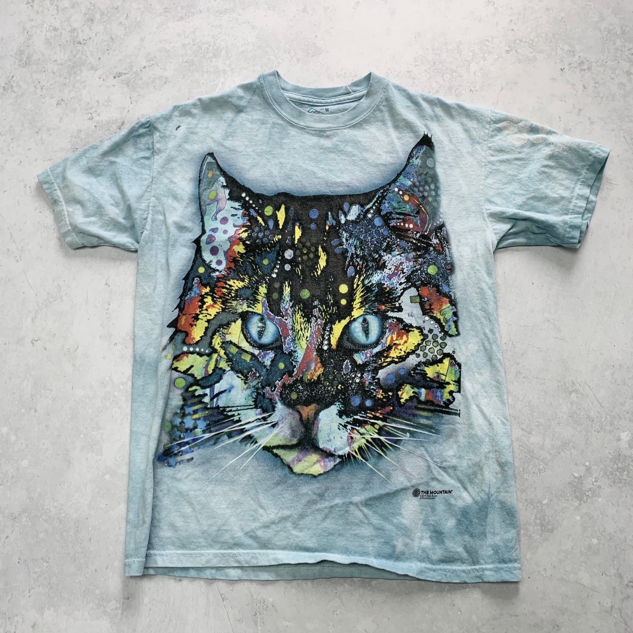 Vintage T Shirt Mens Medium Blue Graphic Print Y2K USA Cat Nature Tie Die