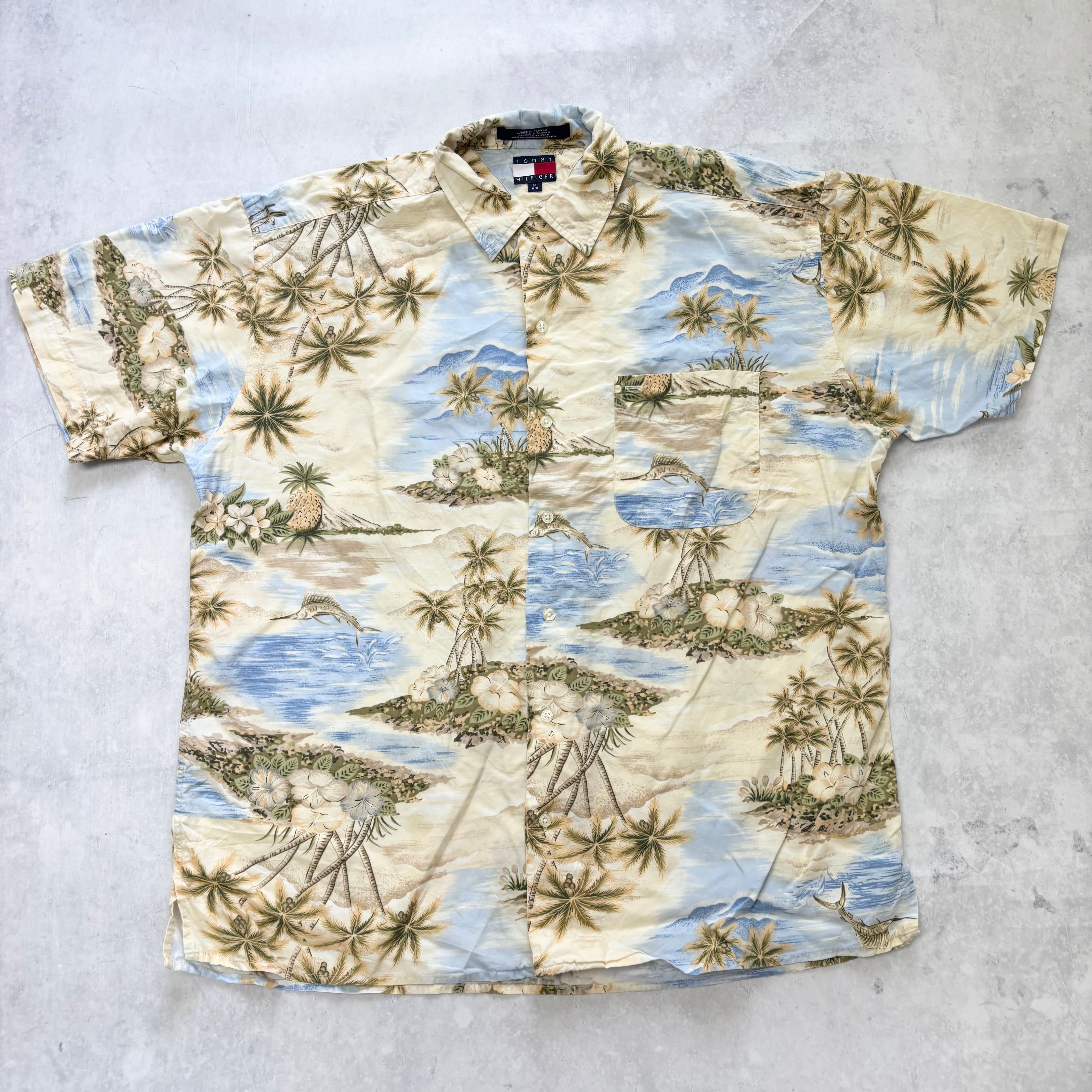 Vintage Tommy Hilfiger Hawaiian Shirt Mens Large Beige Aloha Rayon 90s (E)